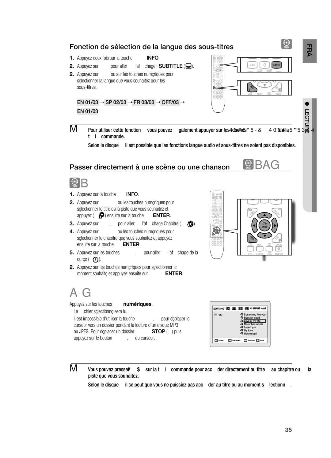 Samsung HT-X720T/XEF Fonction de sélection de la langue des sous-titres, Passer directement à une scène ou une chanson 