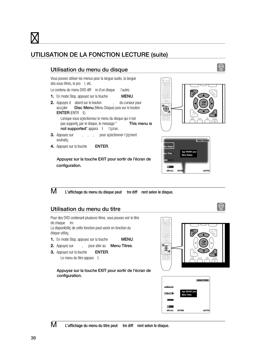 Samsung HT-X720GT/XEF, HT-X720T/XEF manual Utilisation du menu du disque, Utilisation du menu du titre 