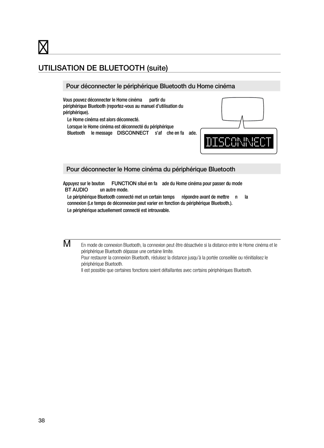 Samsung HT-X720GT/XEF manual Utilisation de Bluetooth suite, Pour déconnecter le périphérique Bluetooth du Home cinéma 