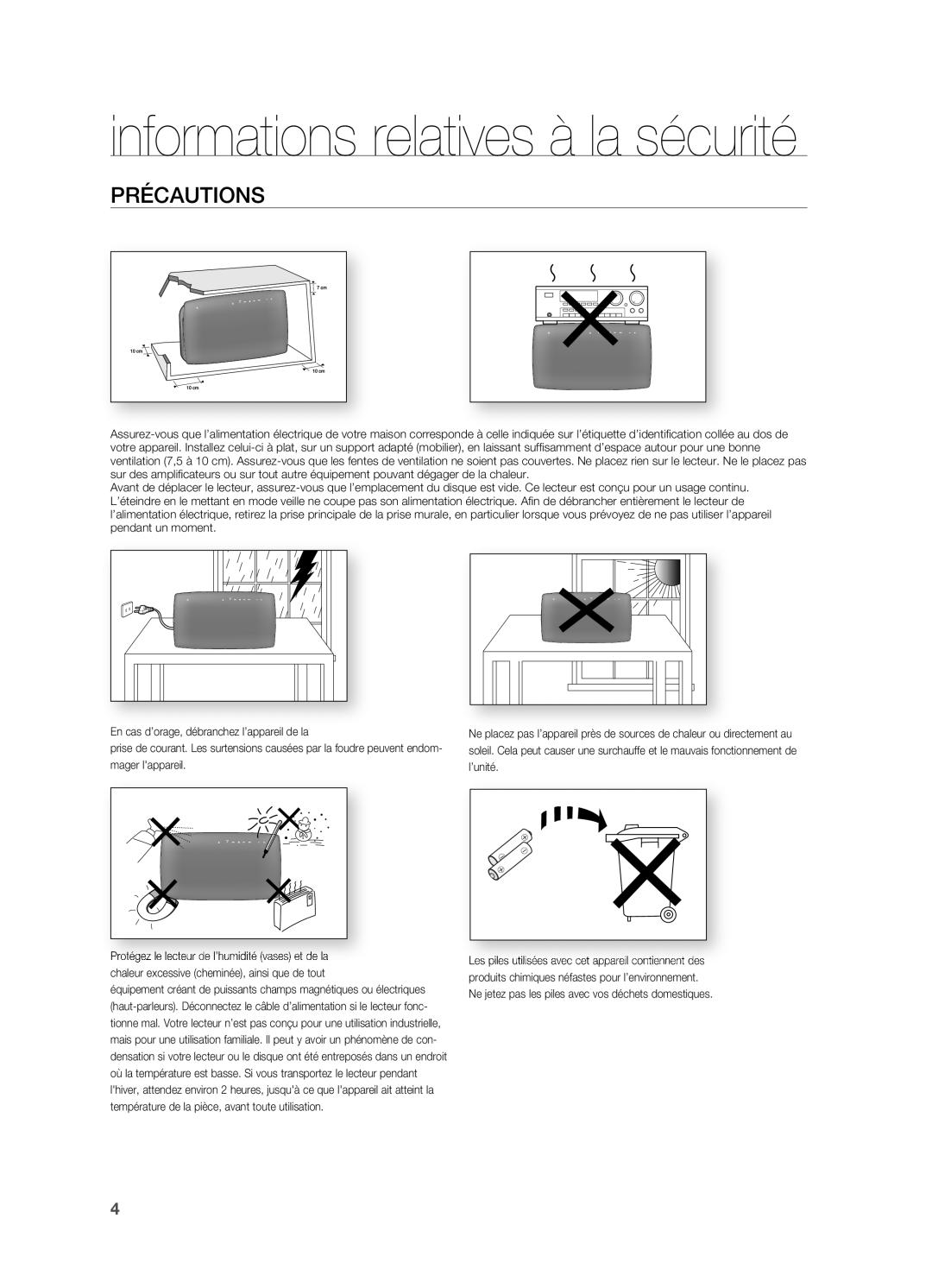 Samsung HT-X720GT/XEF, HT-X720T/XEF manual Informations relatives à la sécurité, Précautions 