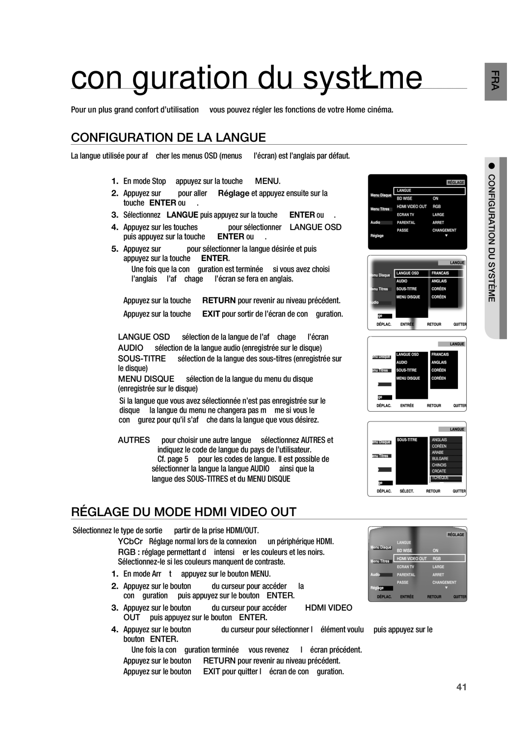 Samsung HT-X720T/XEF, HT-X720GT/XEF Configuration du système, Configuration de la langue, Réglage du Mode Hdmi Video OUT 