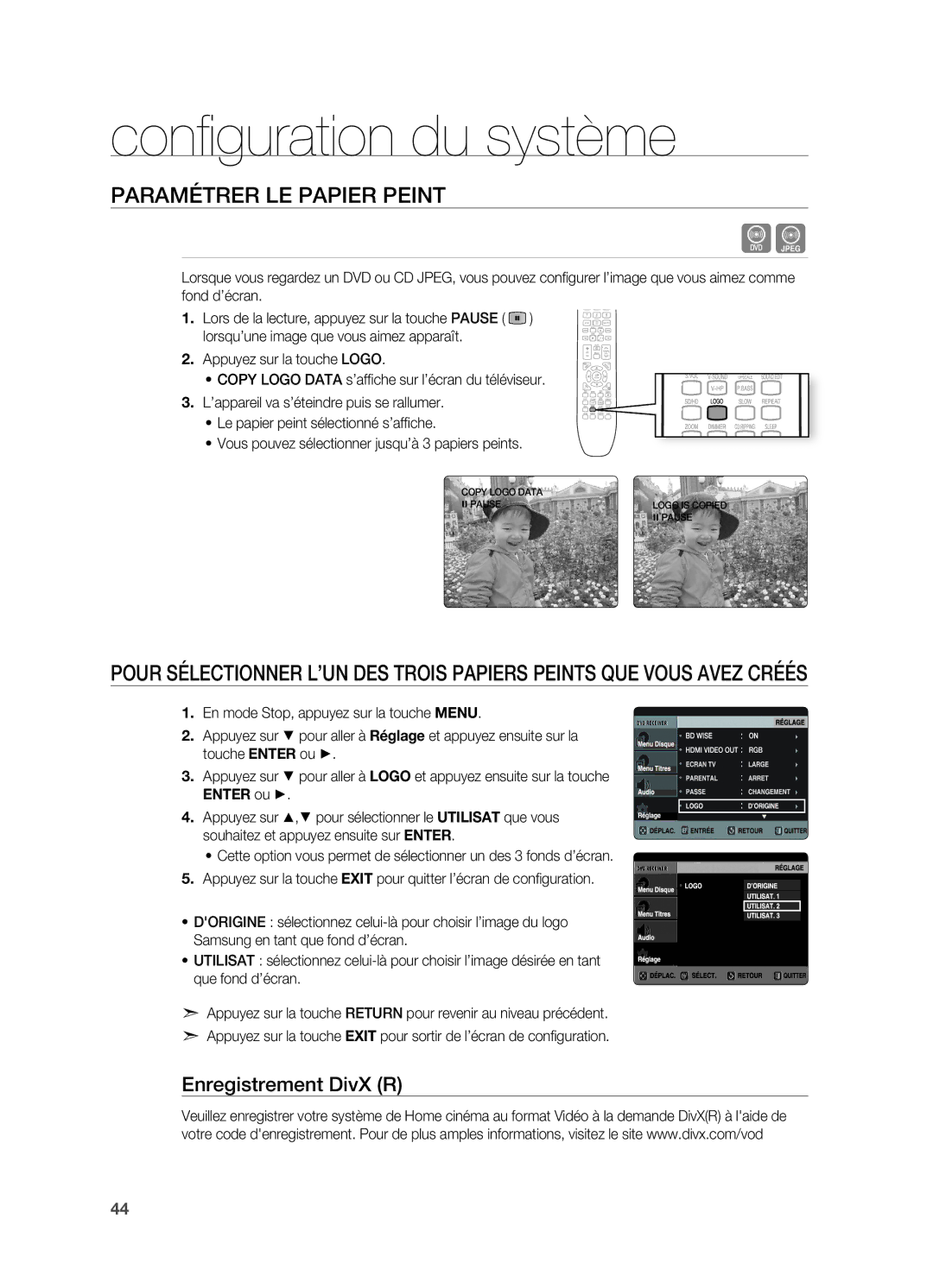 Samsung HT-X720GT/XEF, HT-X720T/XEF manual Confi guration du système, Paramétrer LE Papier Peint, Enregistrement DivX R 