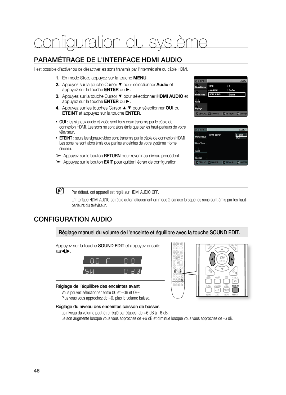 Samsung HT-X720GT/XEF, HT-X720T/XEF manual Paramétrage DE Linterface Hdmi Audio, Configuration Audio 