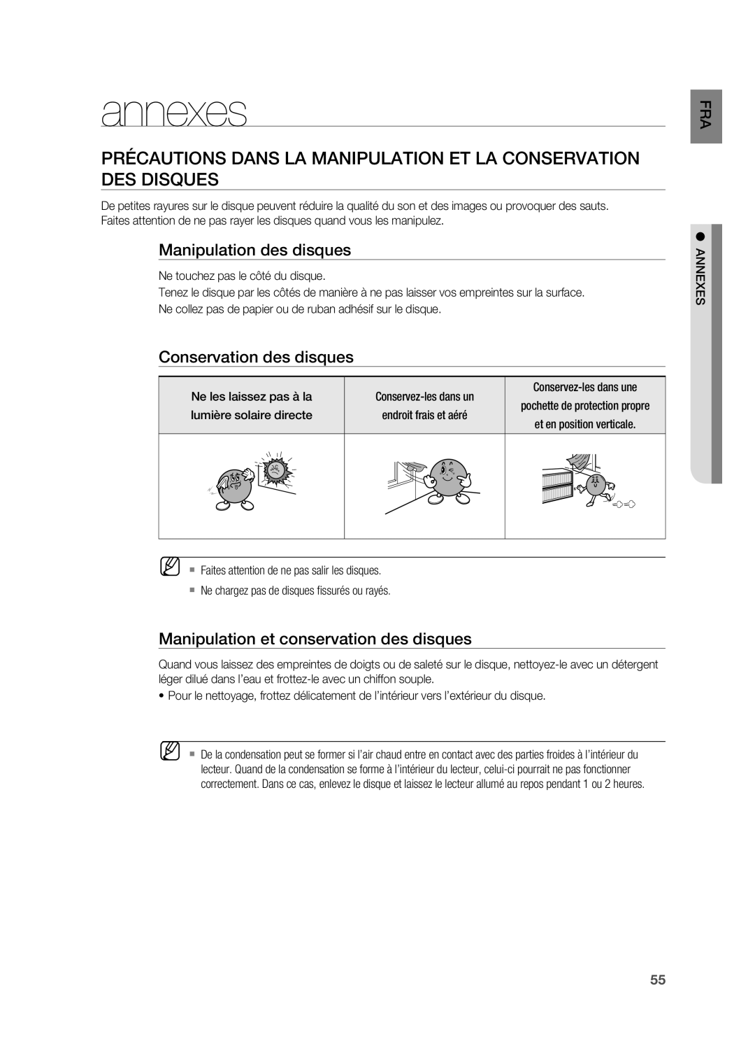 Samsung HT-X720T/XEF Annexes, Manipulation des disques, Conservation des disques, Manipulation et conservation des disques 