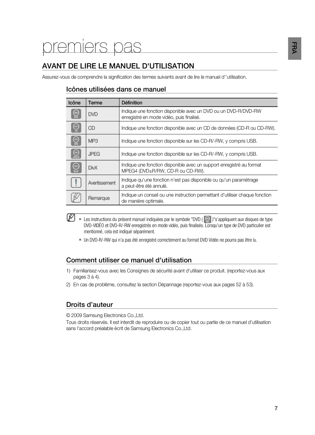 Samsung HT-X720T/XEF Premiers pas, Avant de lire le manuel dutilisation, Icônes utilisées dans ce manuel, Droits d’auteur 