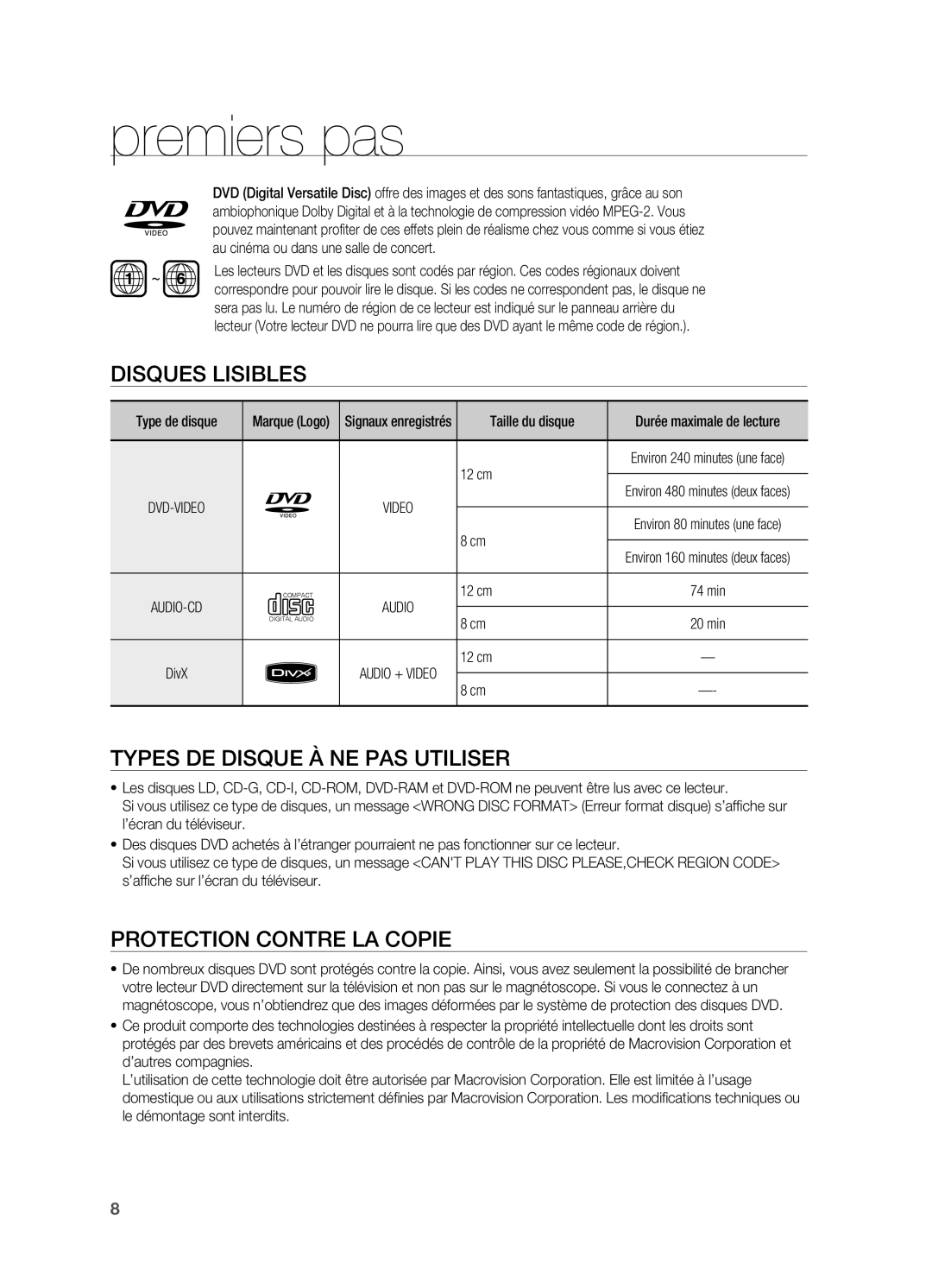 Samsung HT-X720GT/XEF Disques lisibles, Types DE Disque À NE PAS Utiliser, Protection contre la copie, Taille du disque 