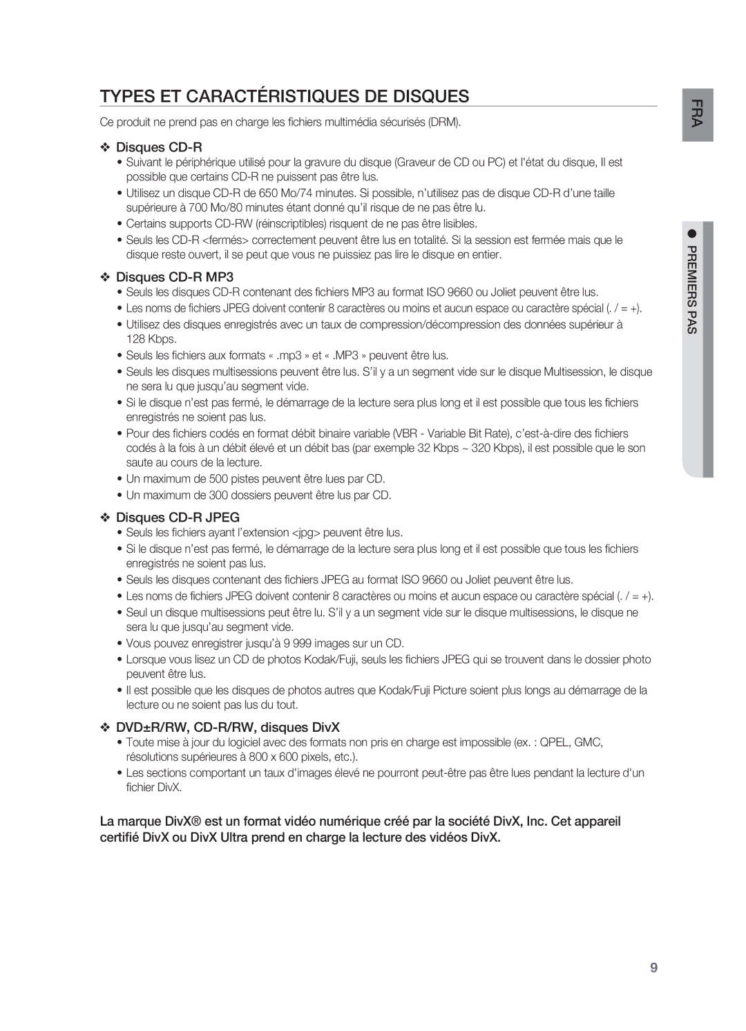 Samsung HT-X720T/XEF, HT-X720GT/XEF manual Types ET Caractéristiques DE Disques, FRA pas premiers 