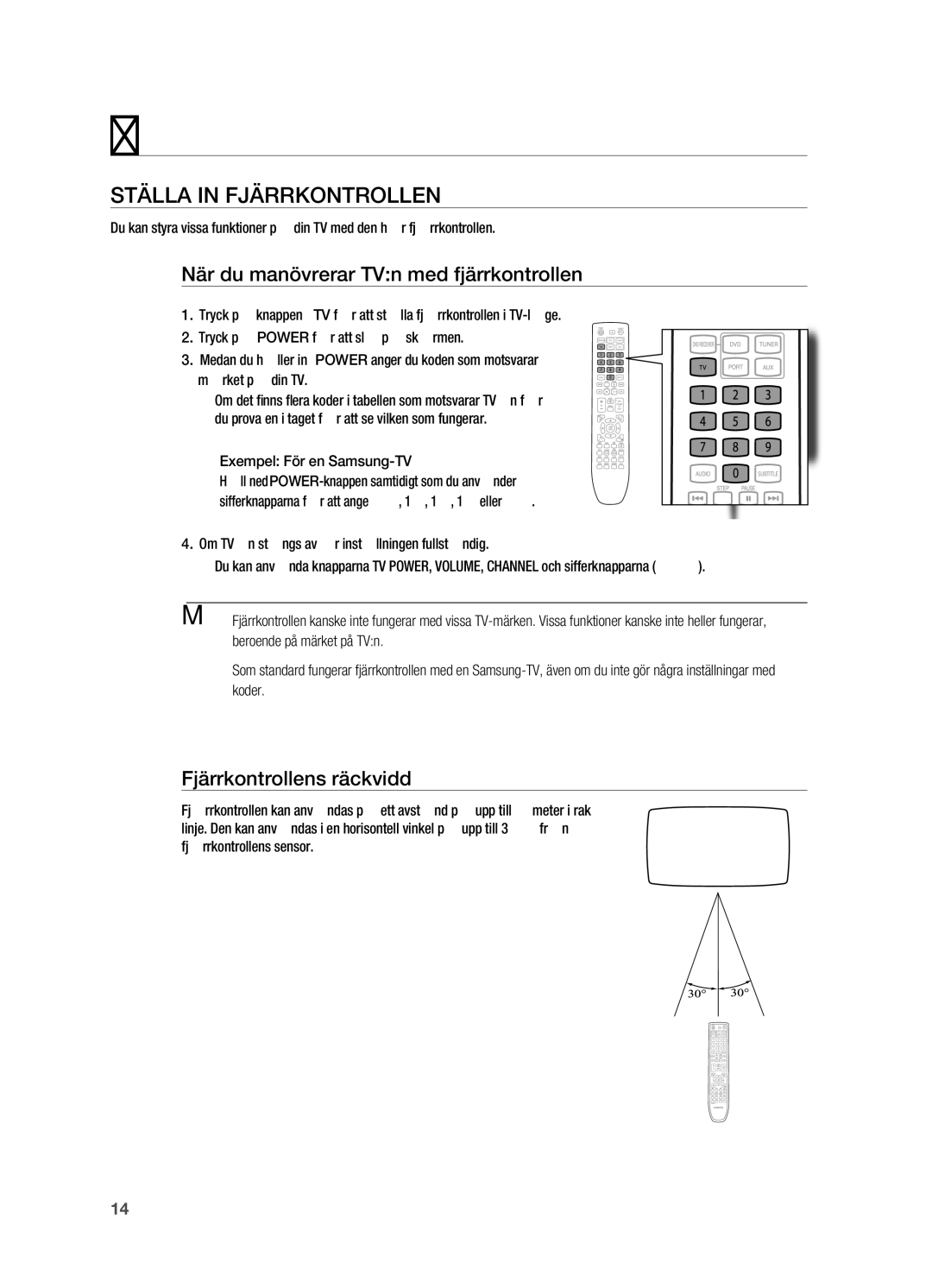 Samsung HT-X720T/XEE manual STällA in FjäRRKONTROllEN, När du manövrerar TVn med fjärrkontrollen, Fjärrkontrollens räckvidd 