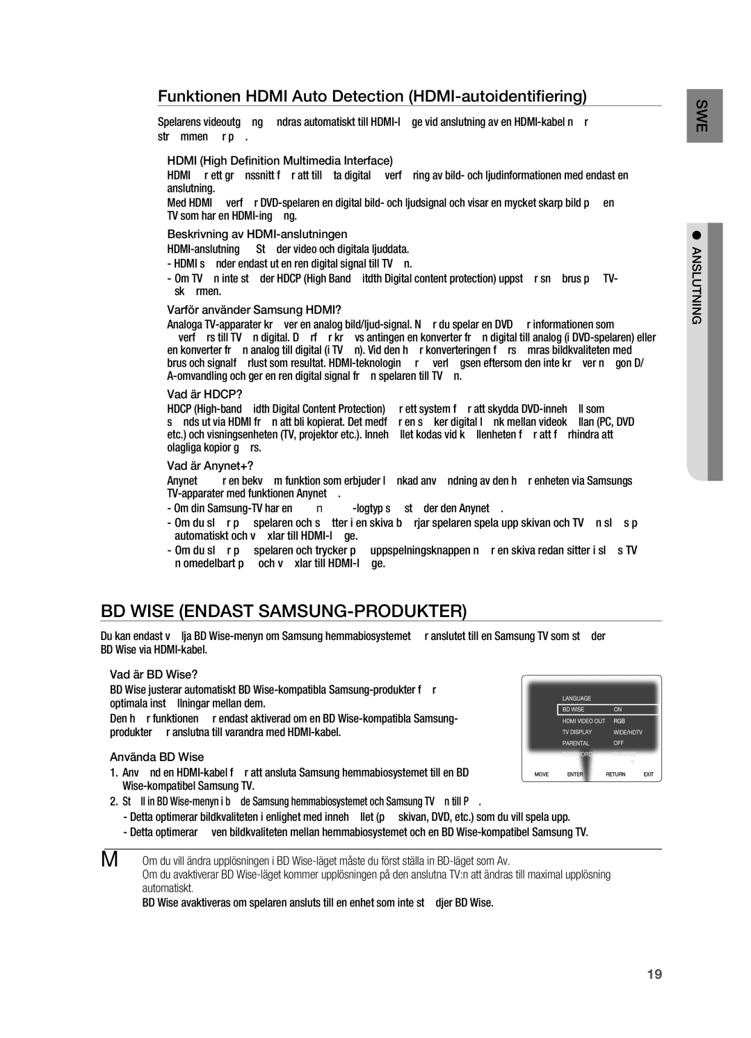 Samsung HT-X720GT/XEE manual BD Wise endast Samsung-produkter, Funktionen Hdmi Auto Detection HDMI-autoidentifiering 