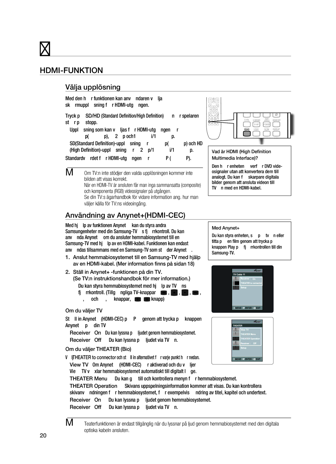 Samsung HT-X720T/XEE, HT-X720GT/XEE manual Välja upplösning, Användning av Anynet+HDMI-CEC 