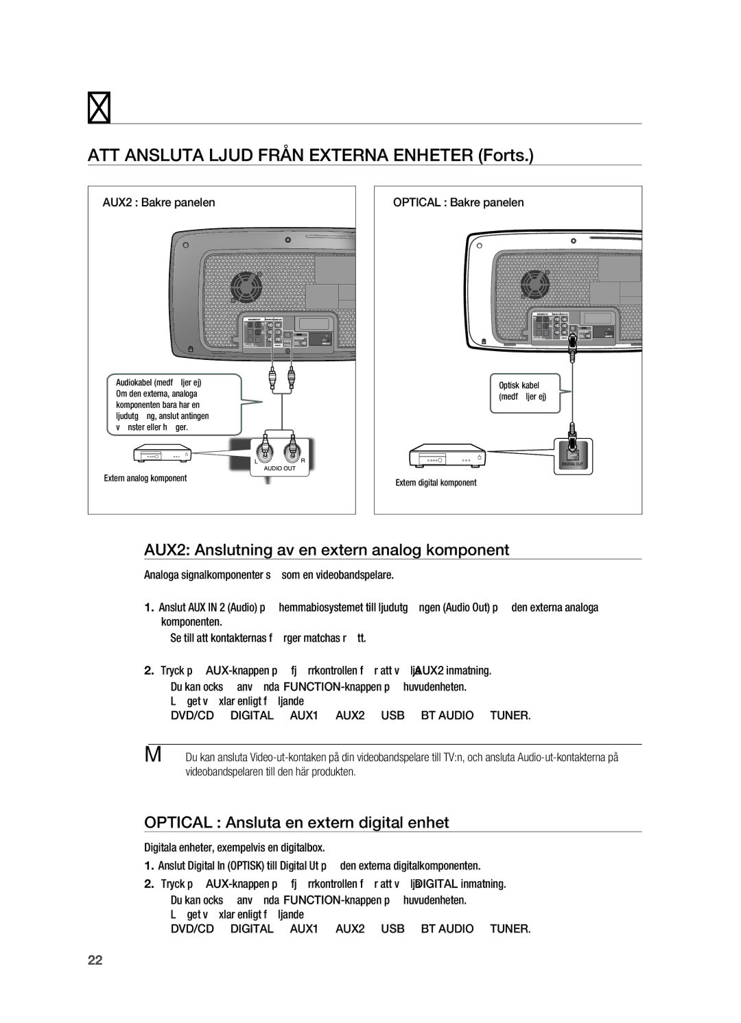 Samsung HT-X720T/XEE manual ATT ANSlUTA ljUD Från Externa Enheter Forts, AUX2 Anslutning av en extern analog komponent 