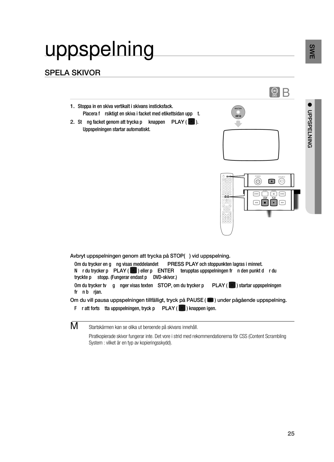 Samsung HT-X720GT/XEE, HT-X720T/XEE manual Uppspelning, SpElA Skivor 