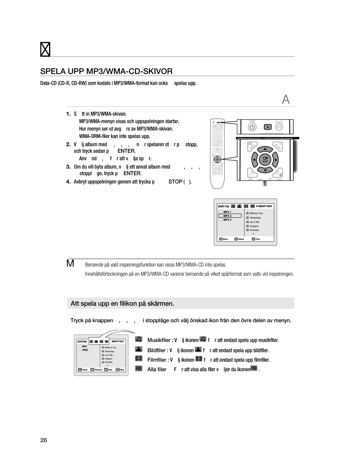 Samsung HT-X720T/XEE, HT-X720GT/XEE manual SpElA Upp Mp3/WMA-CD-SKIVOR, Att spela upp en filikon på skärmen 