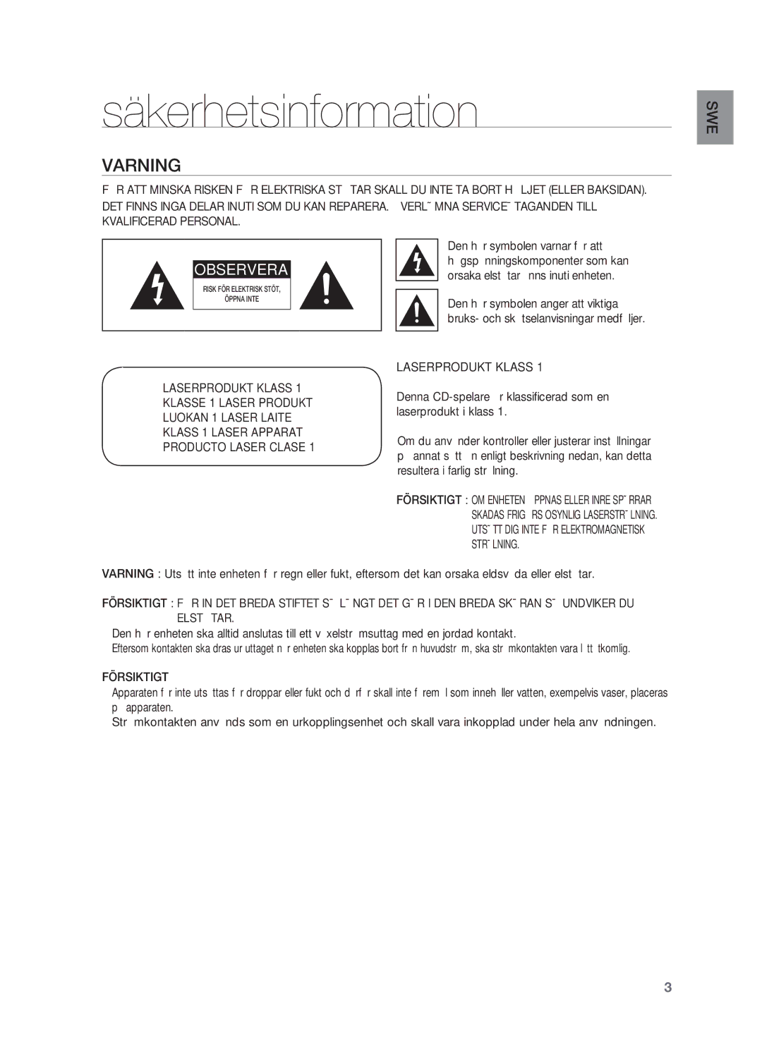 Samsung HT-X720GT/XEE, HT-X720T/XEE manual Säkerhetsinformation, Varning, Försiktigt 