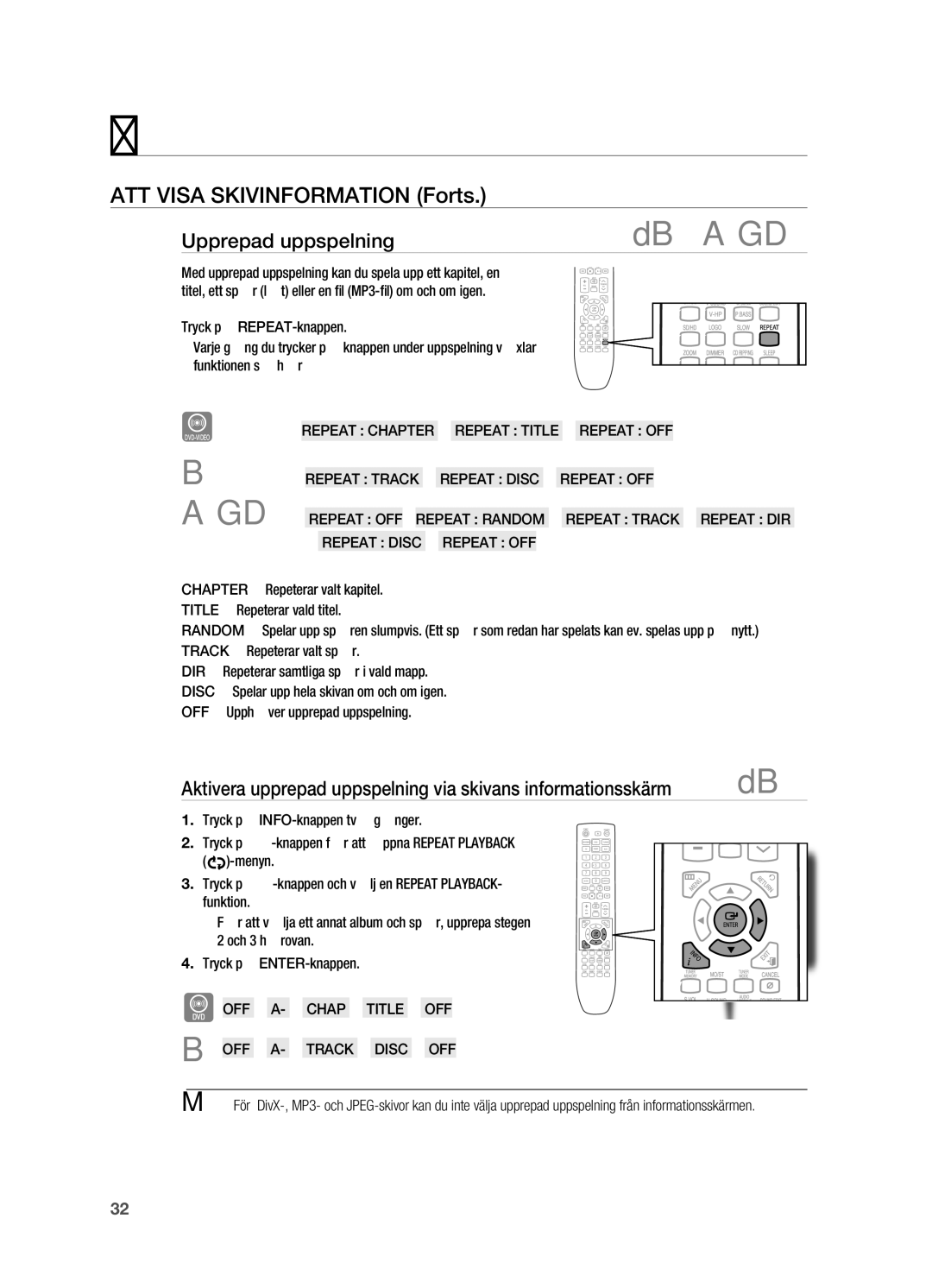 Samsung HT-X720T/XEE ATT Visa Skivinformation Forts, Upprepad uppspelning, REpEAT CHApTER  REpEAT TITlE  REpEAT OFF 