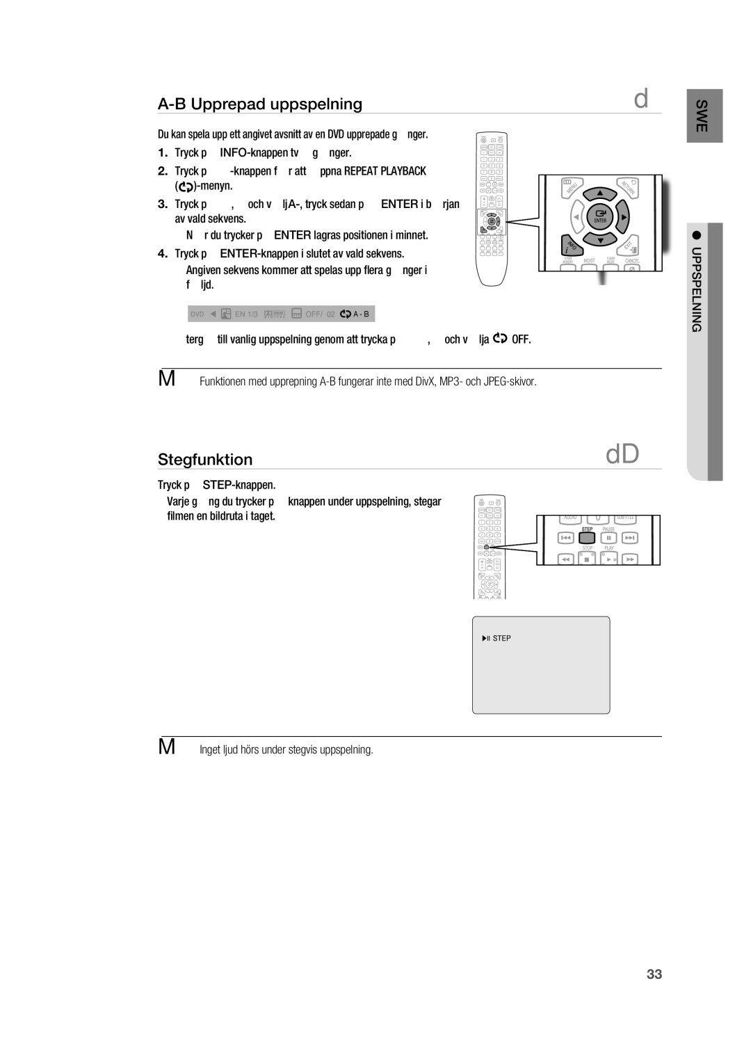 Samsung HT-X720GT/XEE, HT-X720T/XEE manual Stegfunktion 