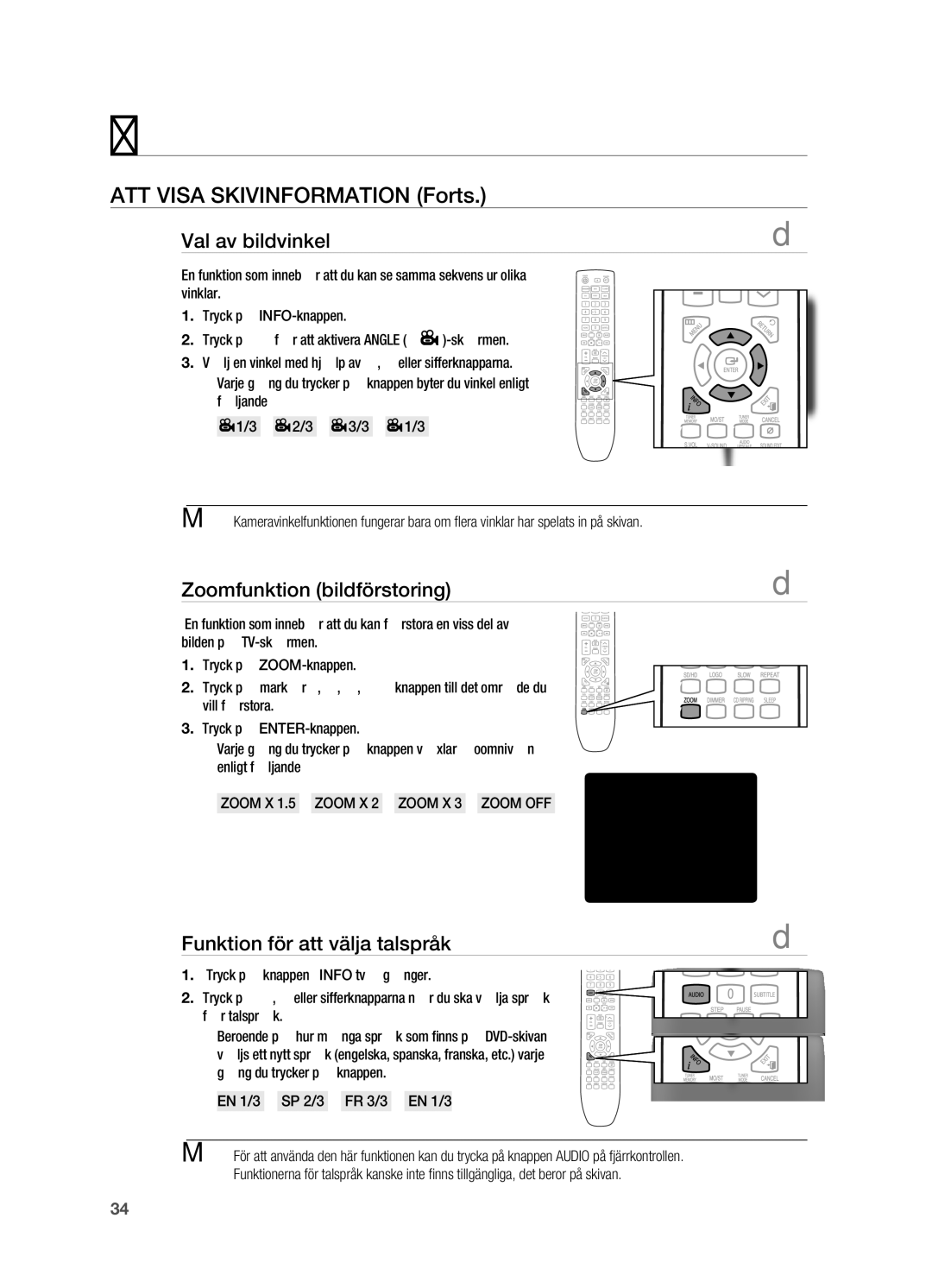 Samsung HT-X720T/XEE manual Val av bildvinkel, Zoomfunktion bildförstoring, Funktion för att välja talspråk, Zoom X 