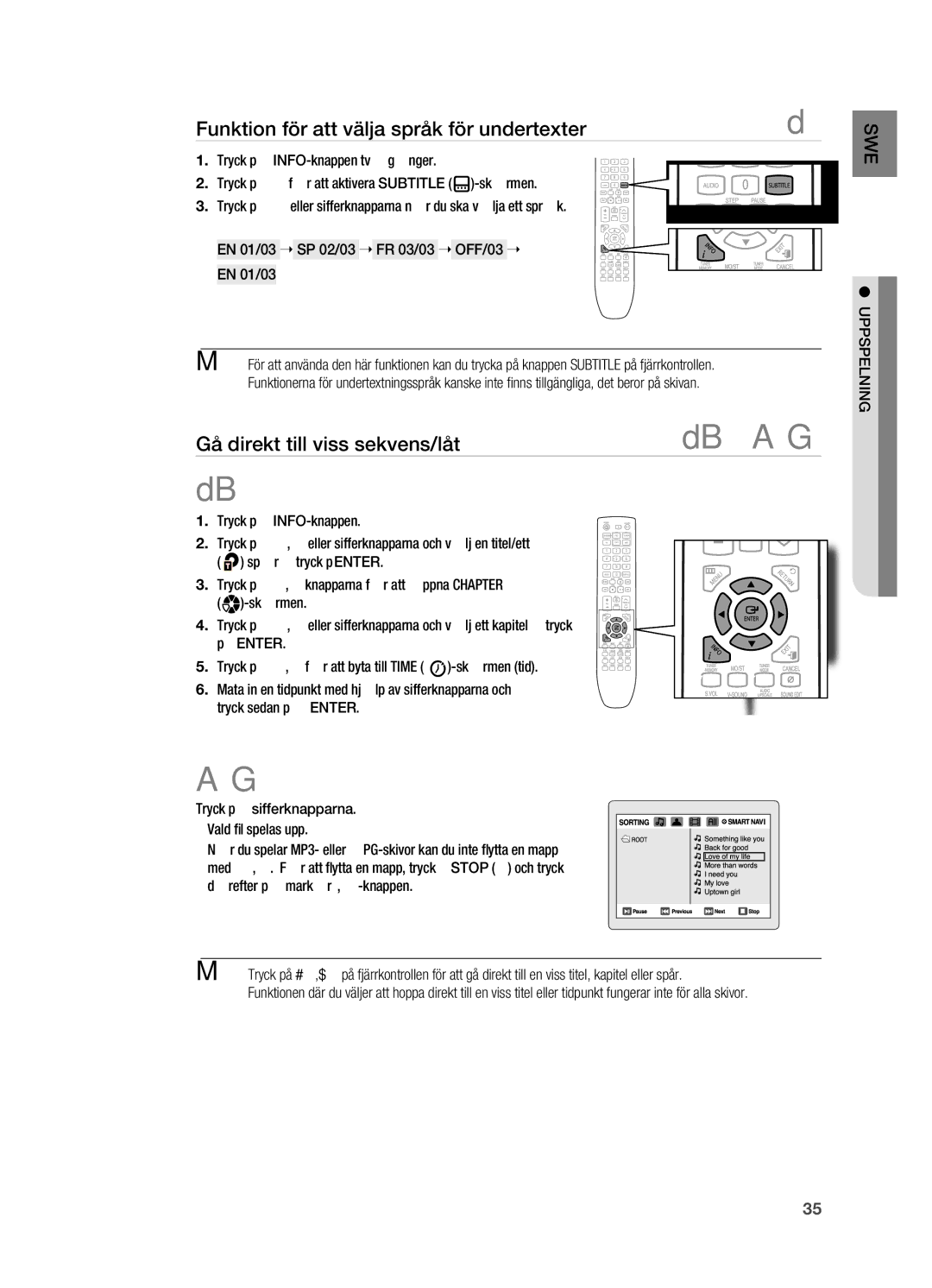 Samsung HT-X720GT/XEE, HT-X720T/XEE manual Funktion för att välja språk för undertexter, Gå direkt till viss sekvens/låt 