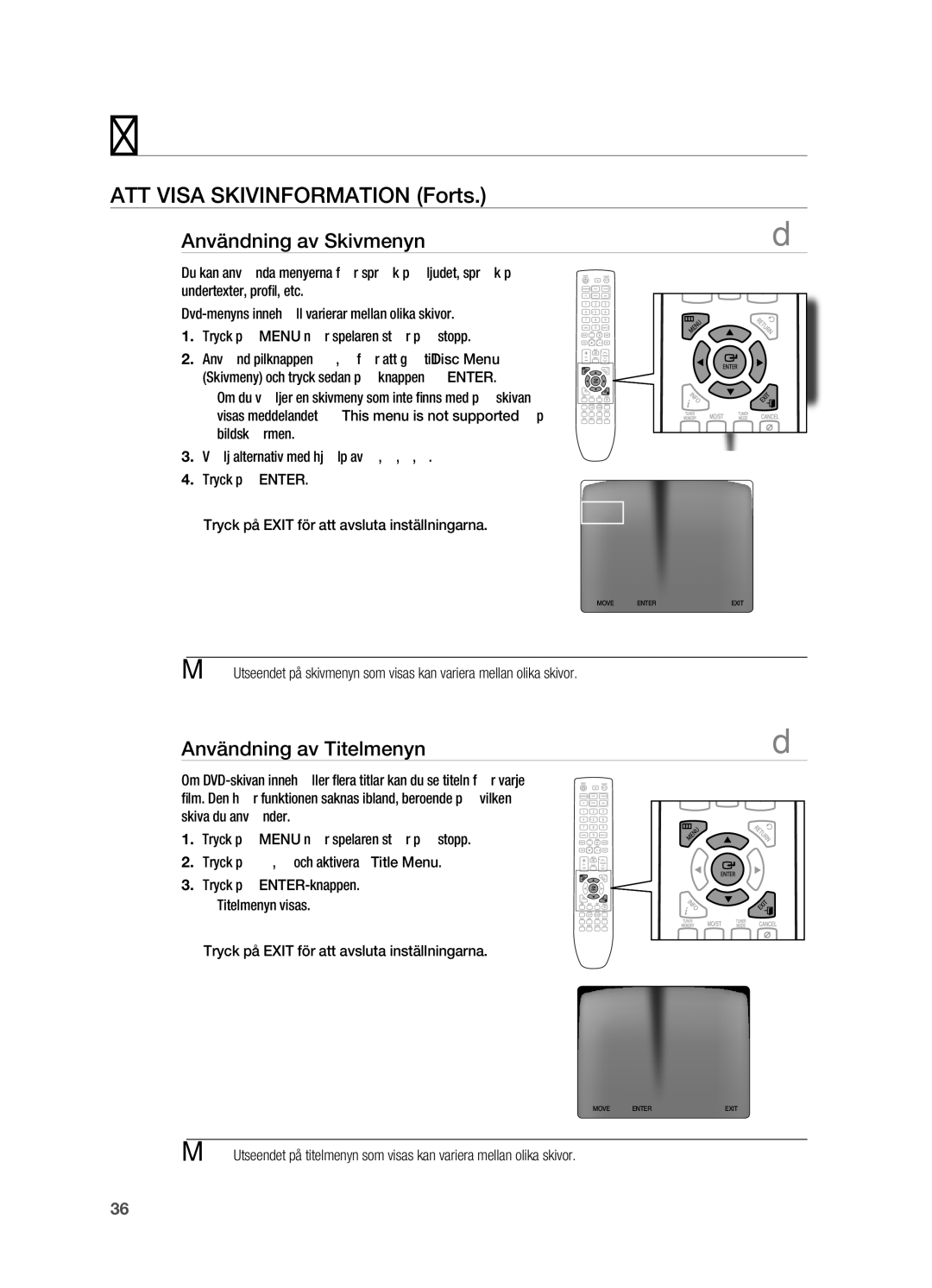 Samsung HT-X720T/XEE, HT-X720GT/XEE manual Användning av Skivmenyn, Användning av Titelmenyn 