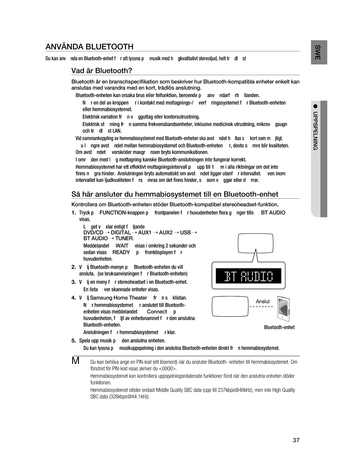 Samsung HT-X720GT/XEE Använda Bluetooth, Vad är Bluetooth?, Så här ansluter du hemmabiosystemet till en Bluetooth-enhet 