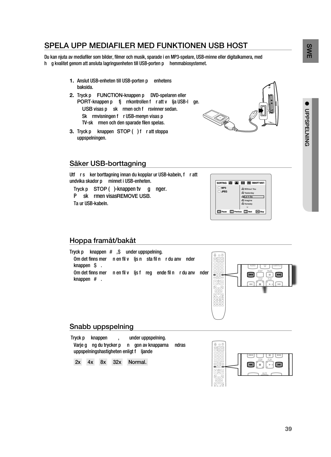 Samsung HT-X720GT/XEE, HT-X720T/XEE manual SpElA Upp MEDIAFIlER MED Funktionen USB Host, Säker USB-borttagning 