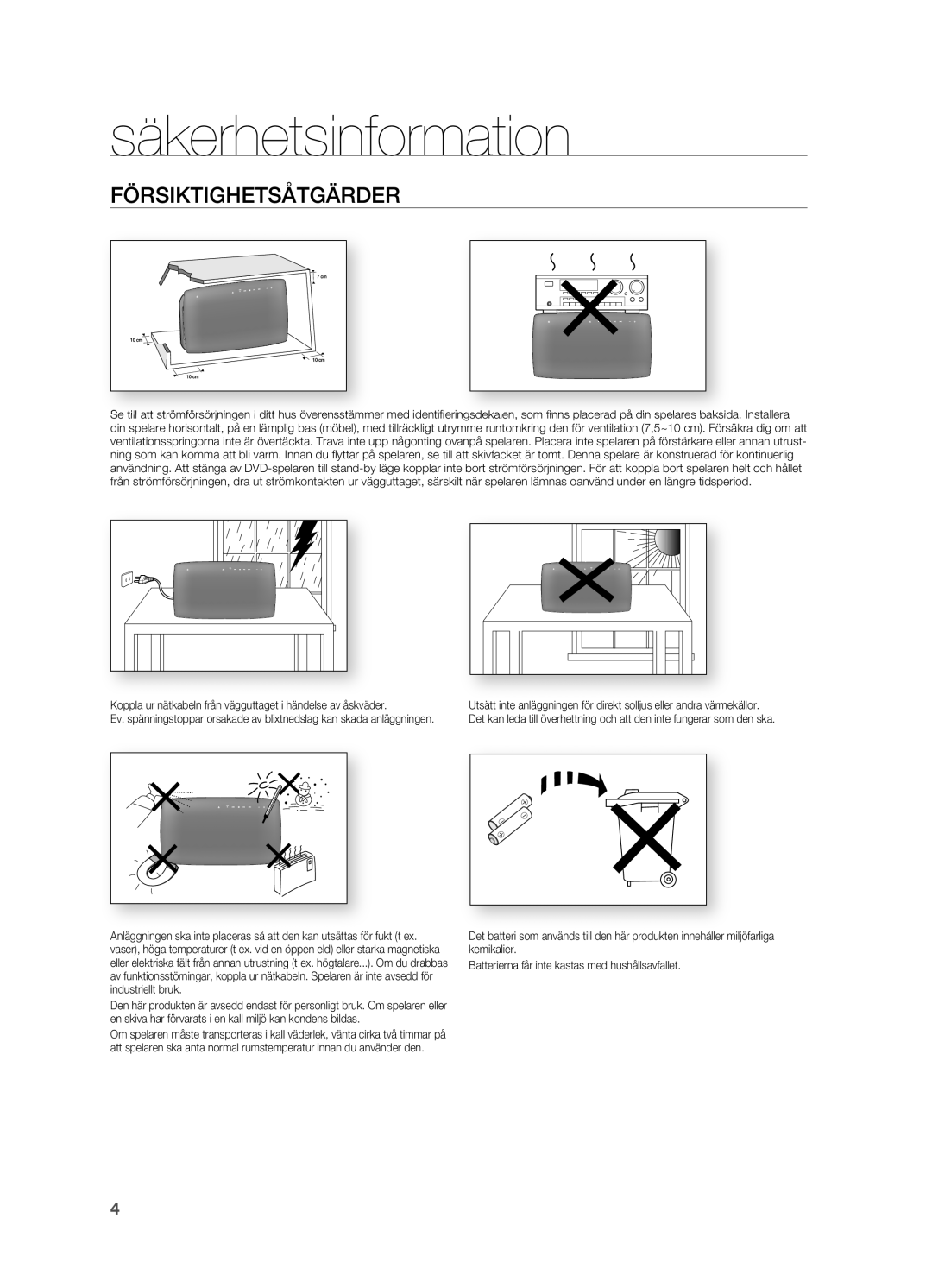 Samsung HT-X720T/XEE, HT-X720GT/XEE manual FöRSIKTIGHETSÅTGäRDER 