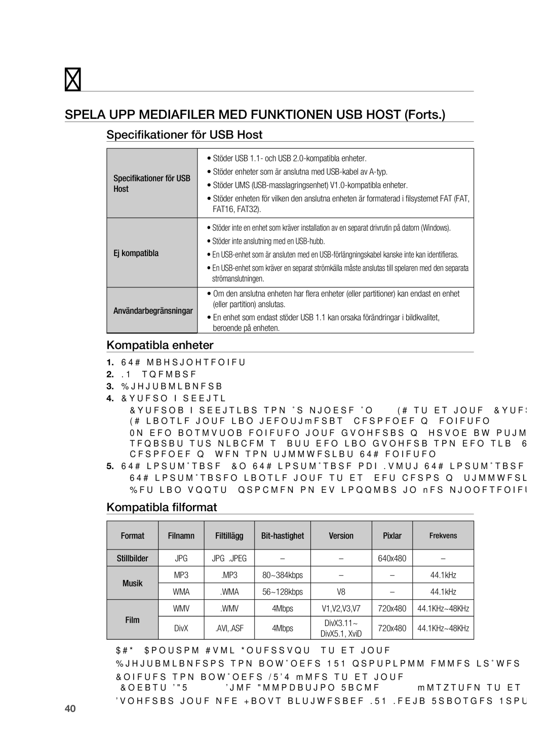 Samsung HT-X720T/XEE Spela UPP Mediafiler MED Funktionen USB Host Forts, Specifikationer för USB Host, Kompatibla enheter 