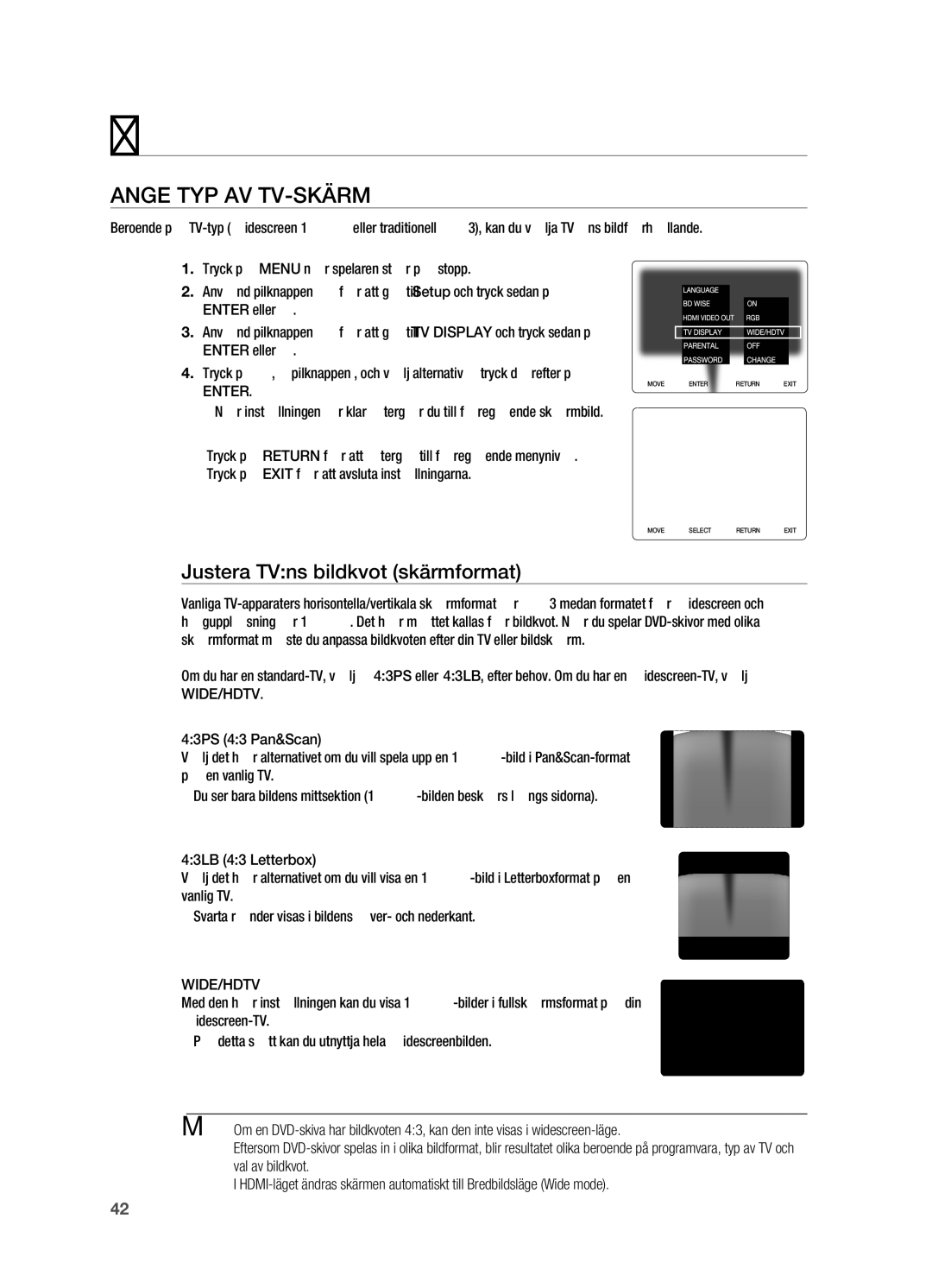 Samsung HT-X720T/XEE, HT-X720GT/XEE manual Ange typ av TV-skärm, Justera TVns bildkvot skärmformat, Enter, Wide/Hdtv 