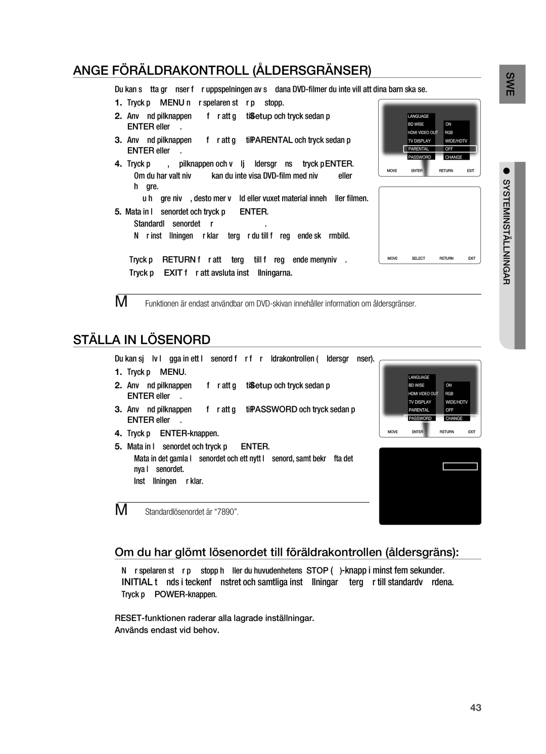 Samsung HT-X720GT/XEE, HT-X720T/XEE manual Ange föräldrakontroll åldersgränser, Ställa in lösenord, Högre 