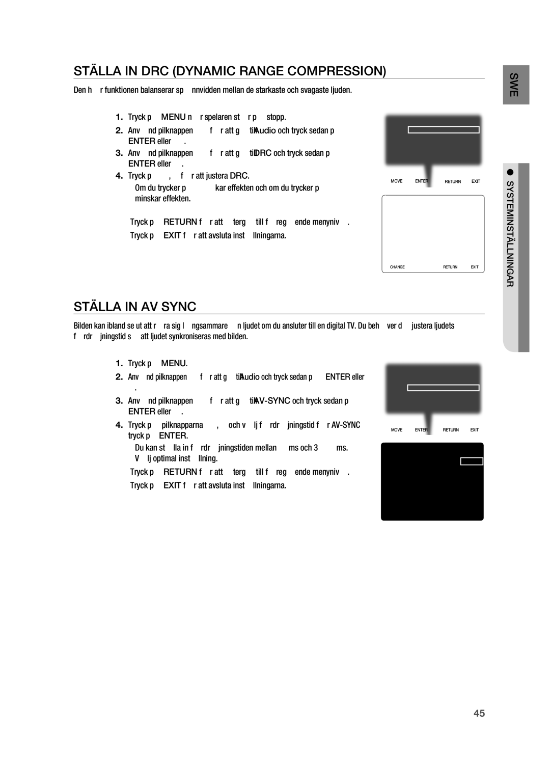 Samsung HT-X720GT/XEE manual Ställa in DRC Dynamic Range Compression, Ställa in AV Sync, Systeminställningar Tryck på Enter 