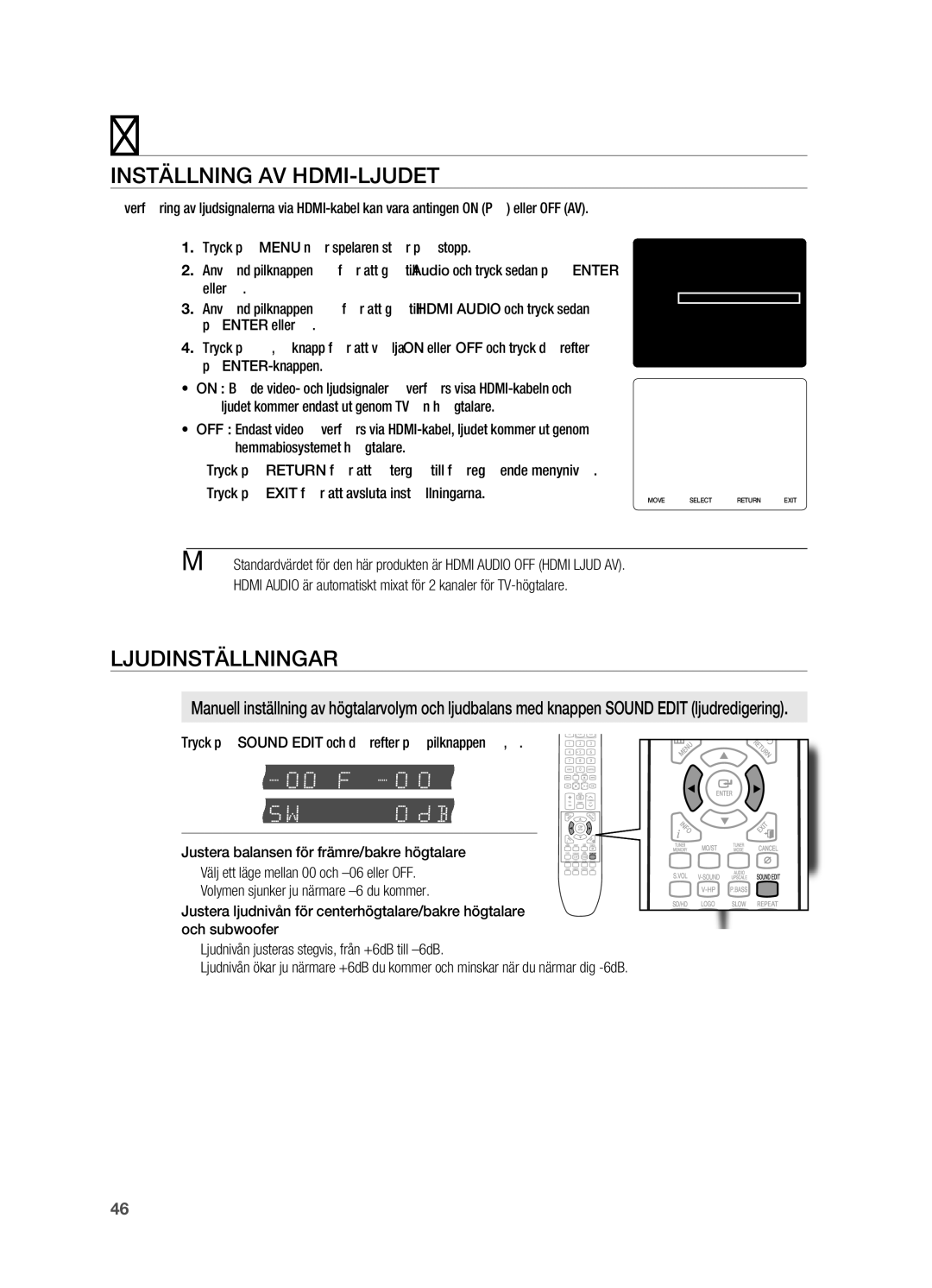 Samsung HT-X720T/XEE, HT-X720GT/XEE manual INSTällNING AV HDMI-ljUDET, LjUDINSTällNINGAR 