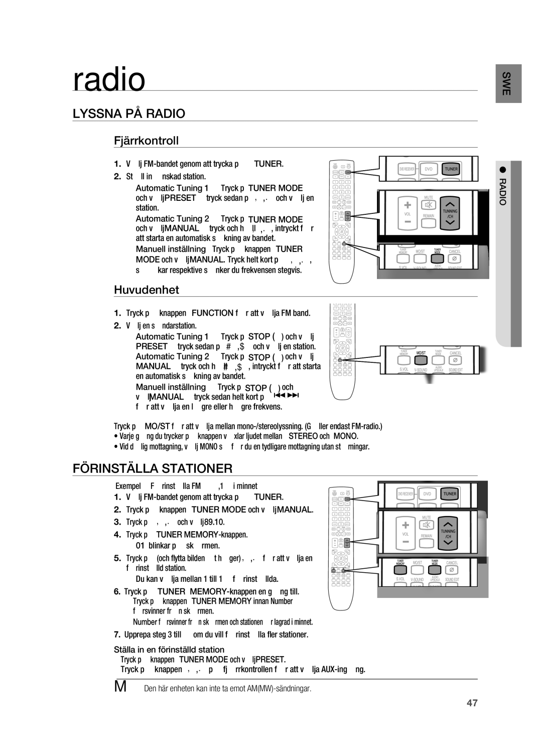 Samsung HT-X720GT/XEE, HT-X720T/XEE manual LYSSNA pÅ Radio, FöRINSTällA Stationer, Fjärrkontroll, Huvudenhet 