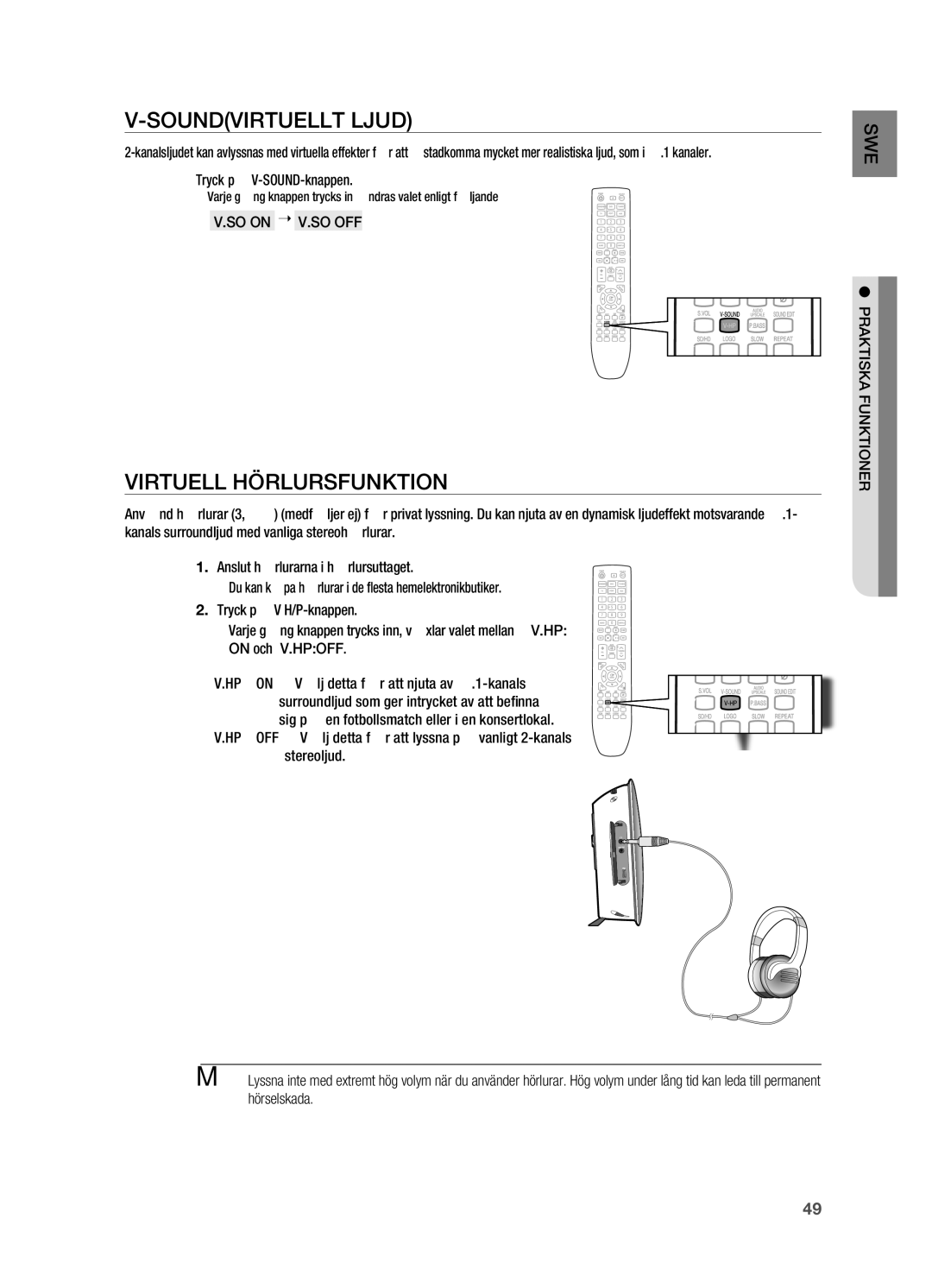 Samsung HT-X720GT/XEE, HT-X720T/XEE SOUNDVIRTUEllT ljUD, VIRTUEll HöRlURSFUNKTION, SO on  V.SO OFF, PRAKTISKA Funktioner 