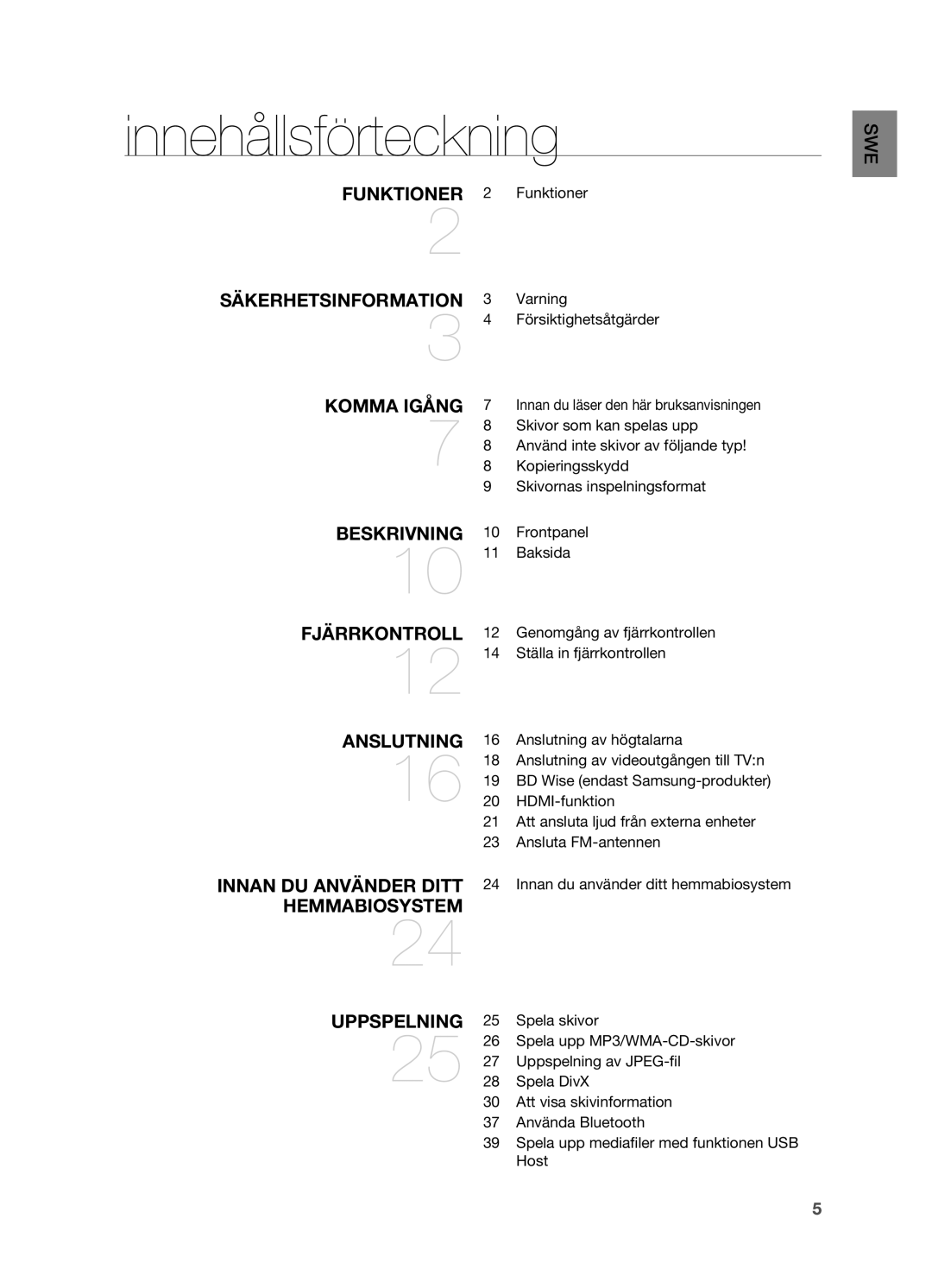 Samsung HT-X720GT/XEE, HT-X720T/XEE manual Innehållsförteckning 