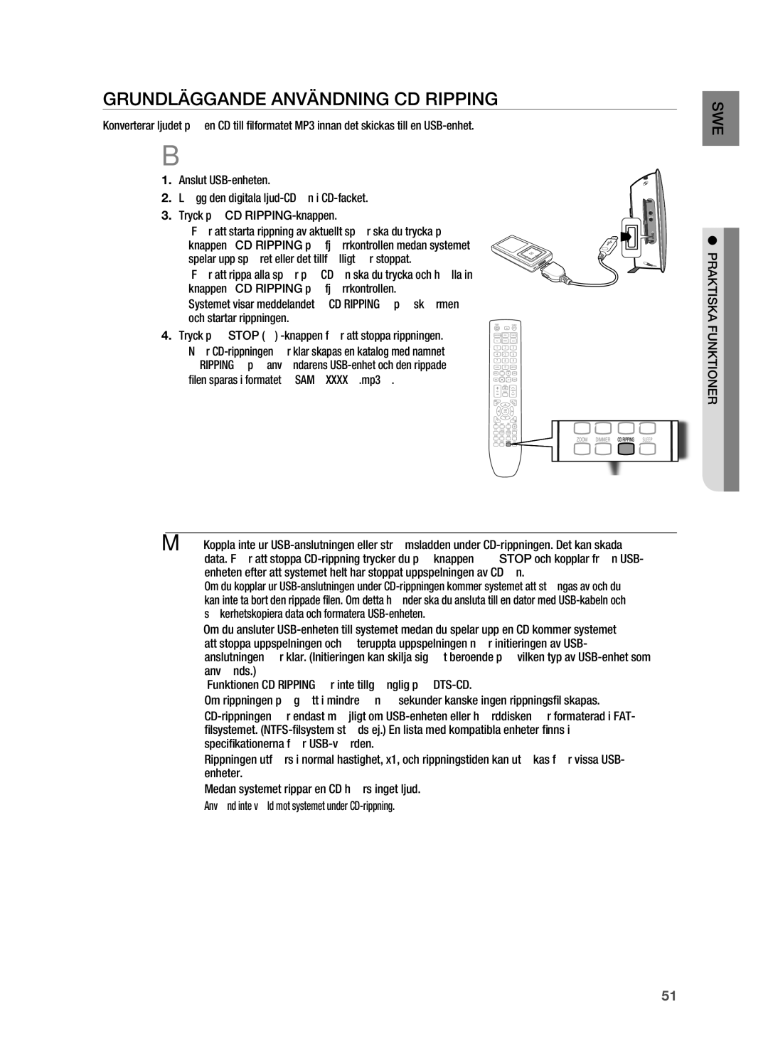 Samsung HT-X720GT/XEE, HT-X720T/XEE manual GRUNDläGGANDE ANVäNDNING CD RIppING 