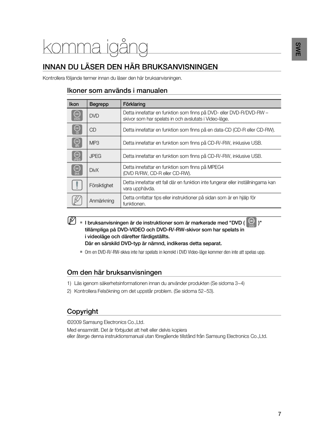 Samsung HT-X720GT/XEE Komma igång, Innan du läser den här Bruksanvisningen, Ikoner som används i manualen, Copyright 