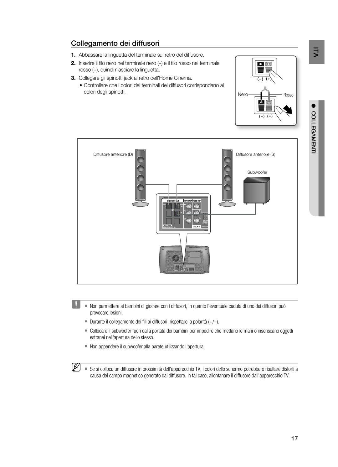 Samsung HT-X720T/XET manual Collegamento dei diffusori, Collegamenti 