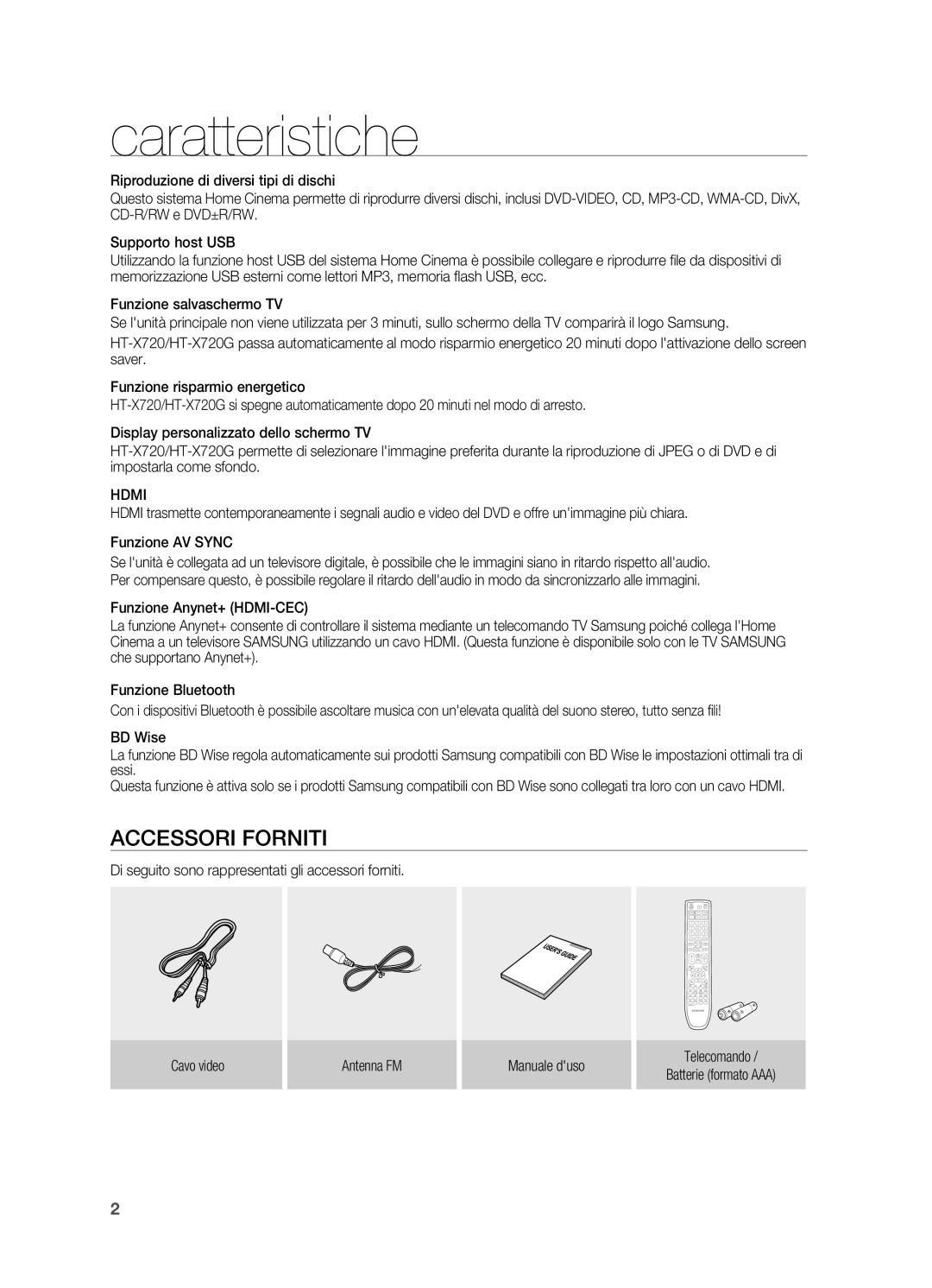 Samsung HT-X720T/XET manual Caratteristiche, Accessori Forniti, Hdmi 