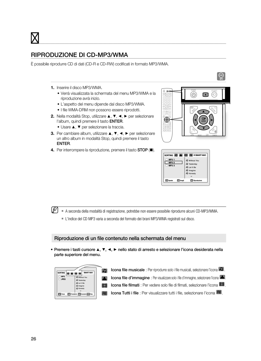 Samsung HT-X720T/XET manual Riproduzione DI CD-MP3/WMA, Enter, Per interrompere la riproduzione, premere il tasto Stop @ 