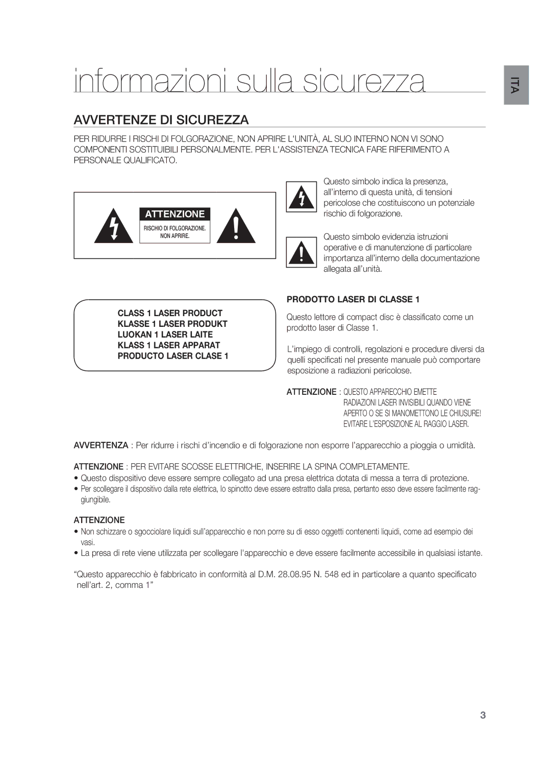 Samsung HT-X720T/XET manual Informazioni sulla sicurezza, Avvertenze DI sicurezza, Attenzione 