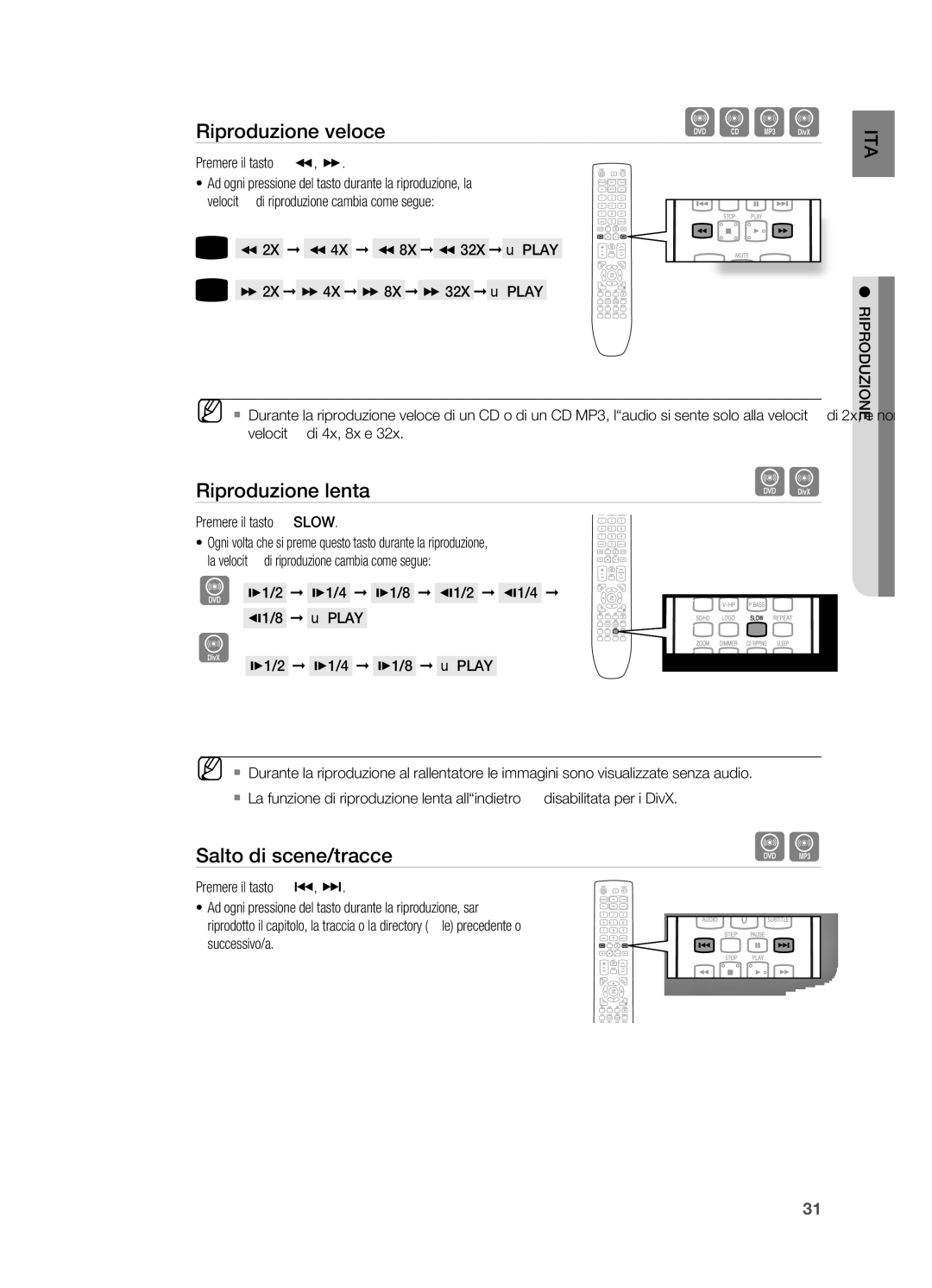 Samsung HT-X720T/XET manual Riproduzione lenta, Salto di scene/tracce, Premere il tasto 