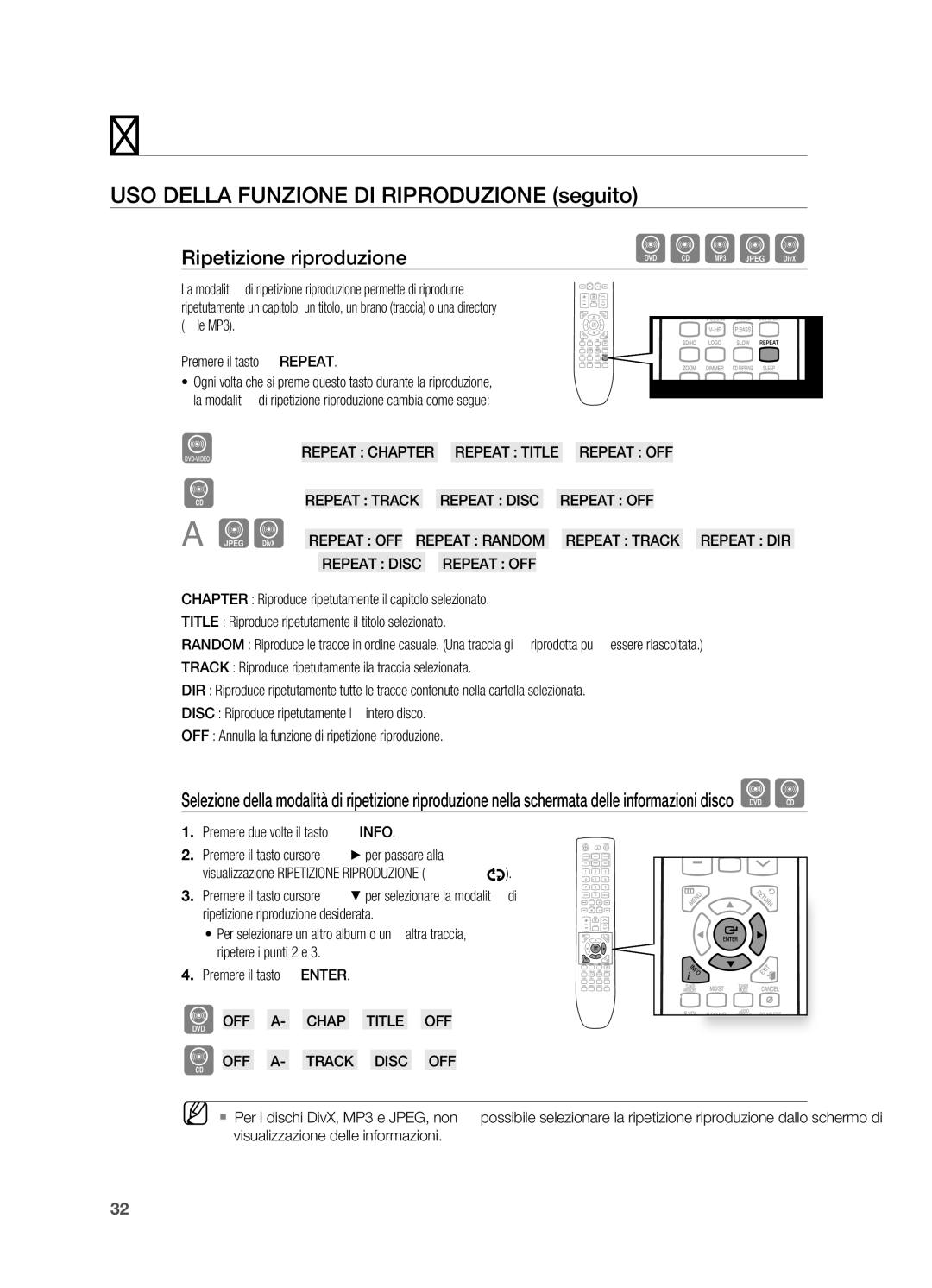 Samsung HT-X720T/XET USO Della Funzione DI Riproduzione seguito, Ripetizione riproduzione, Premere due volte il tasto Info 