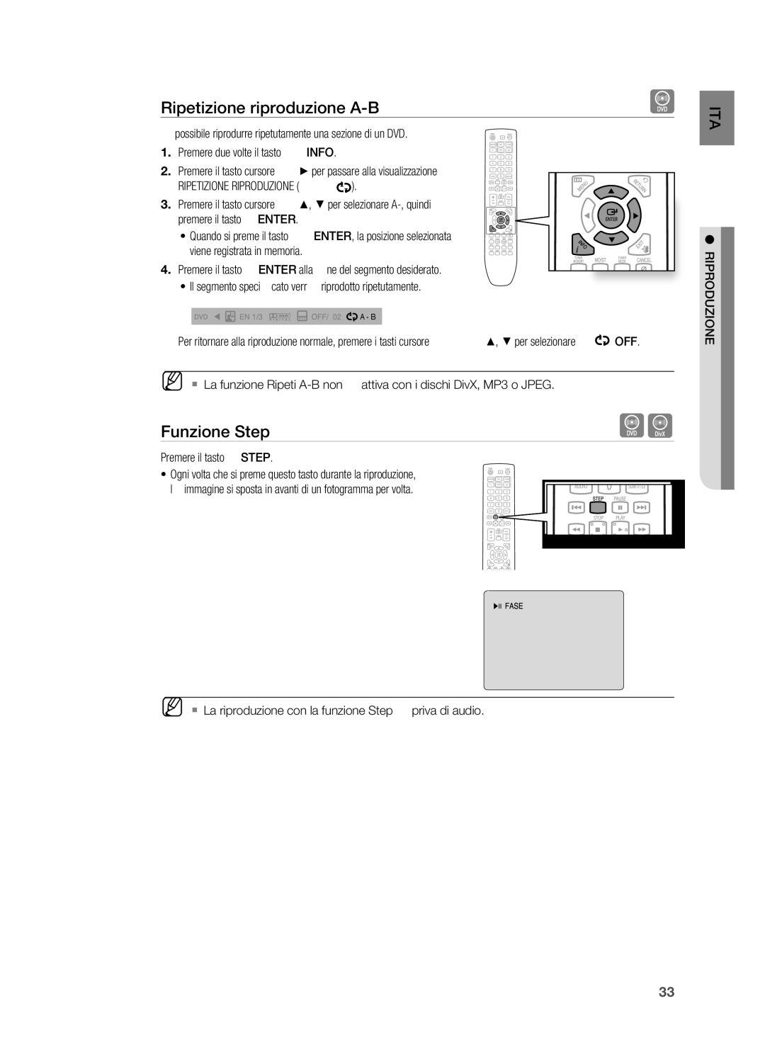 Samsung HT-X720T/XET manual Ripetizione riproduzione A-B, Funzione Step, Ripetizione Riproduzione, Premere il tasto Step 