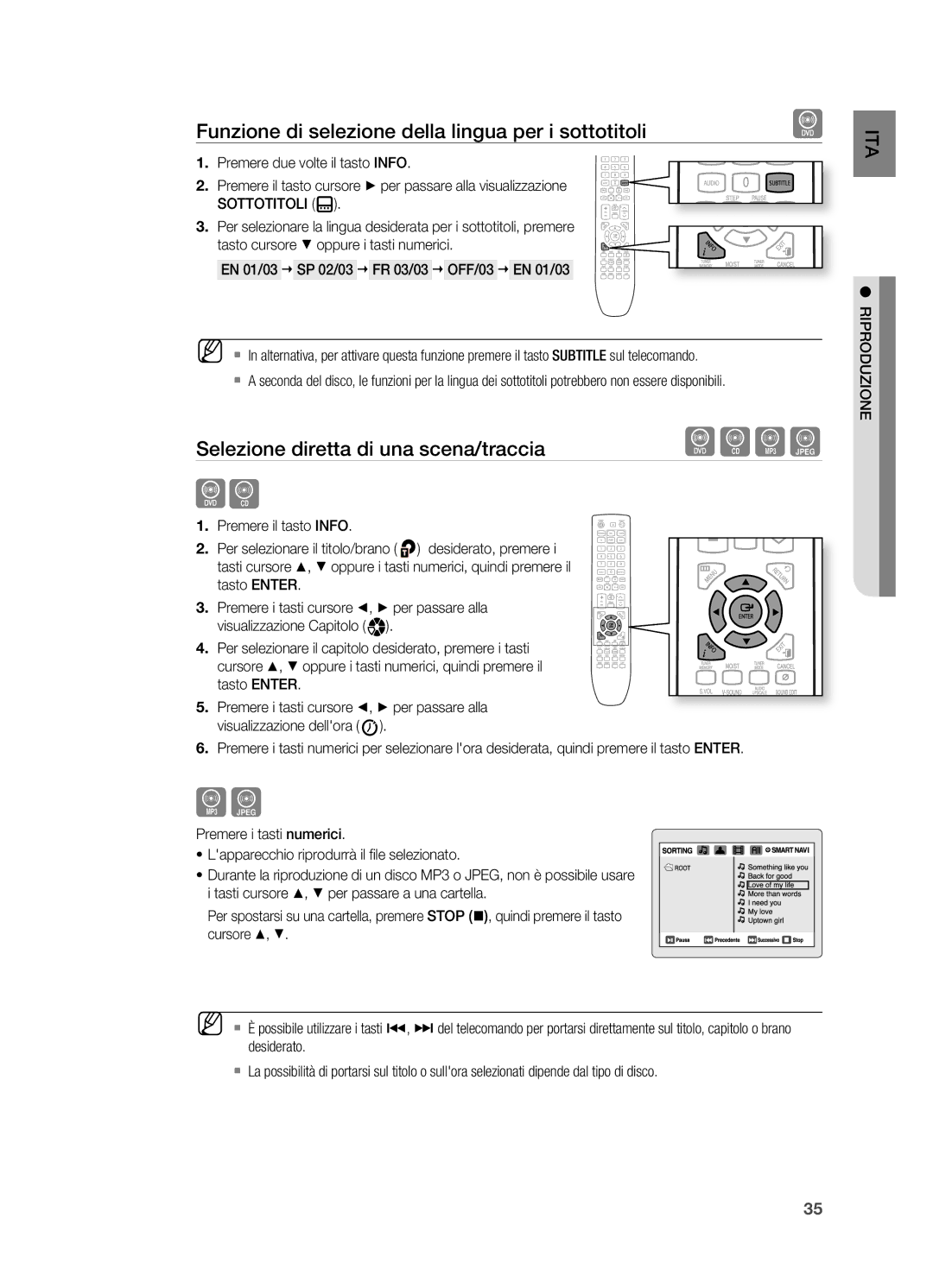 Samsung HT-X720T/XET manual Funzione di selezione della lingua per i sottotitoli, Selezione diretta di una scena/traccia 