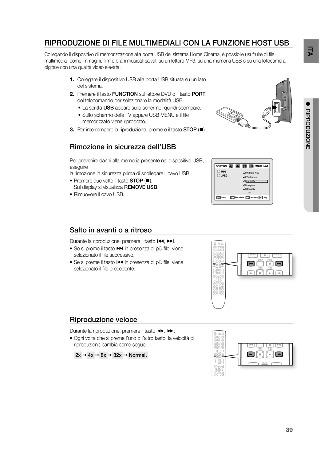 Samsung HT-X720T/XET manual Riproduzione DI File Multimediali CON LA Funzione Host USB, Rimozione in sicurezza dell’USB 