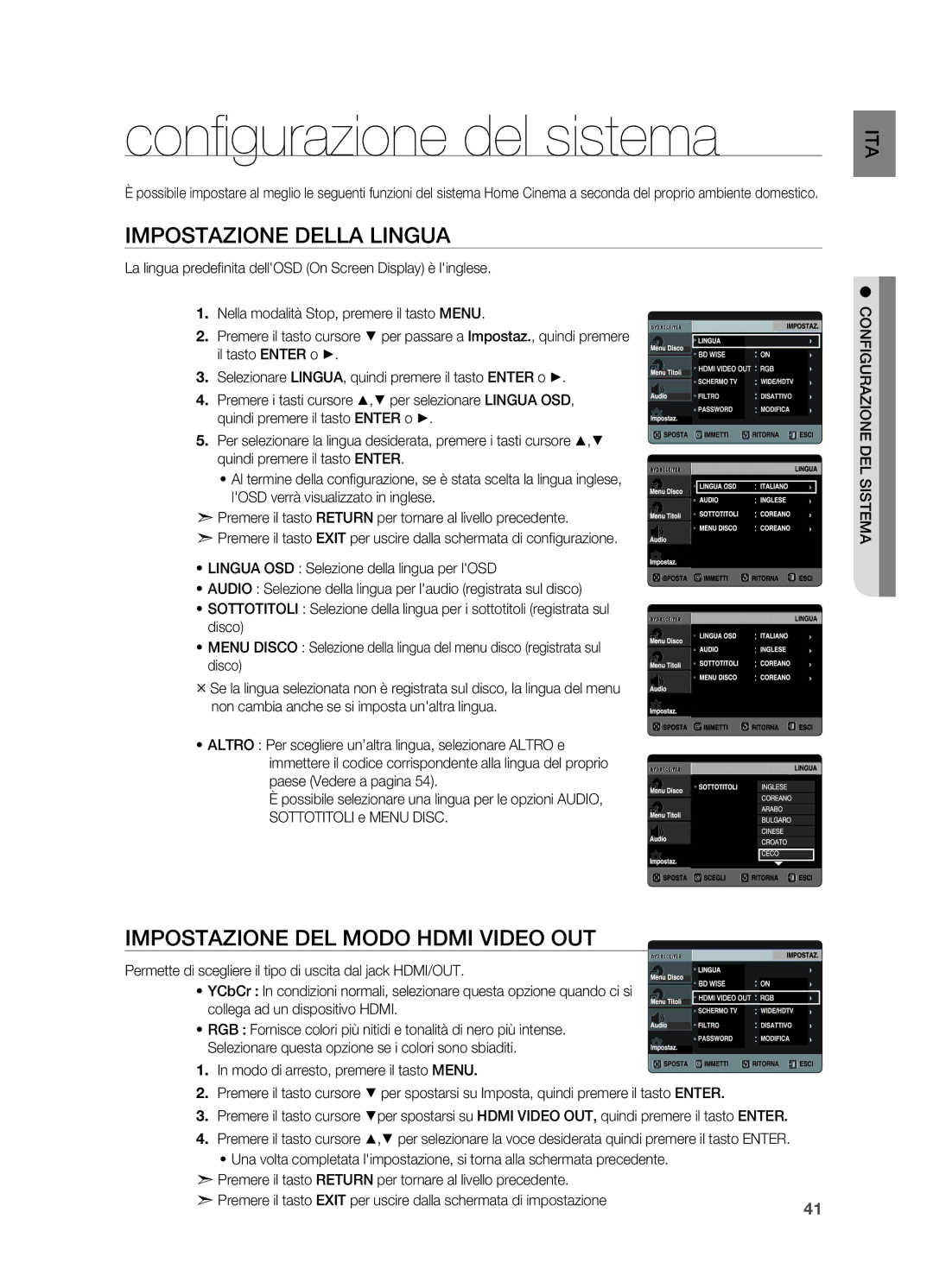 Samsung HT-X720T/XET manual Configurazione del sistema, Impostazione della lingua, Impostazione del modo Hdmi Video OUT 