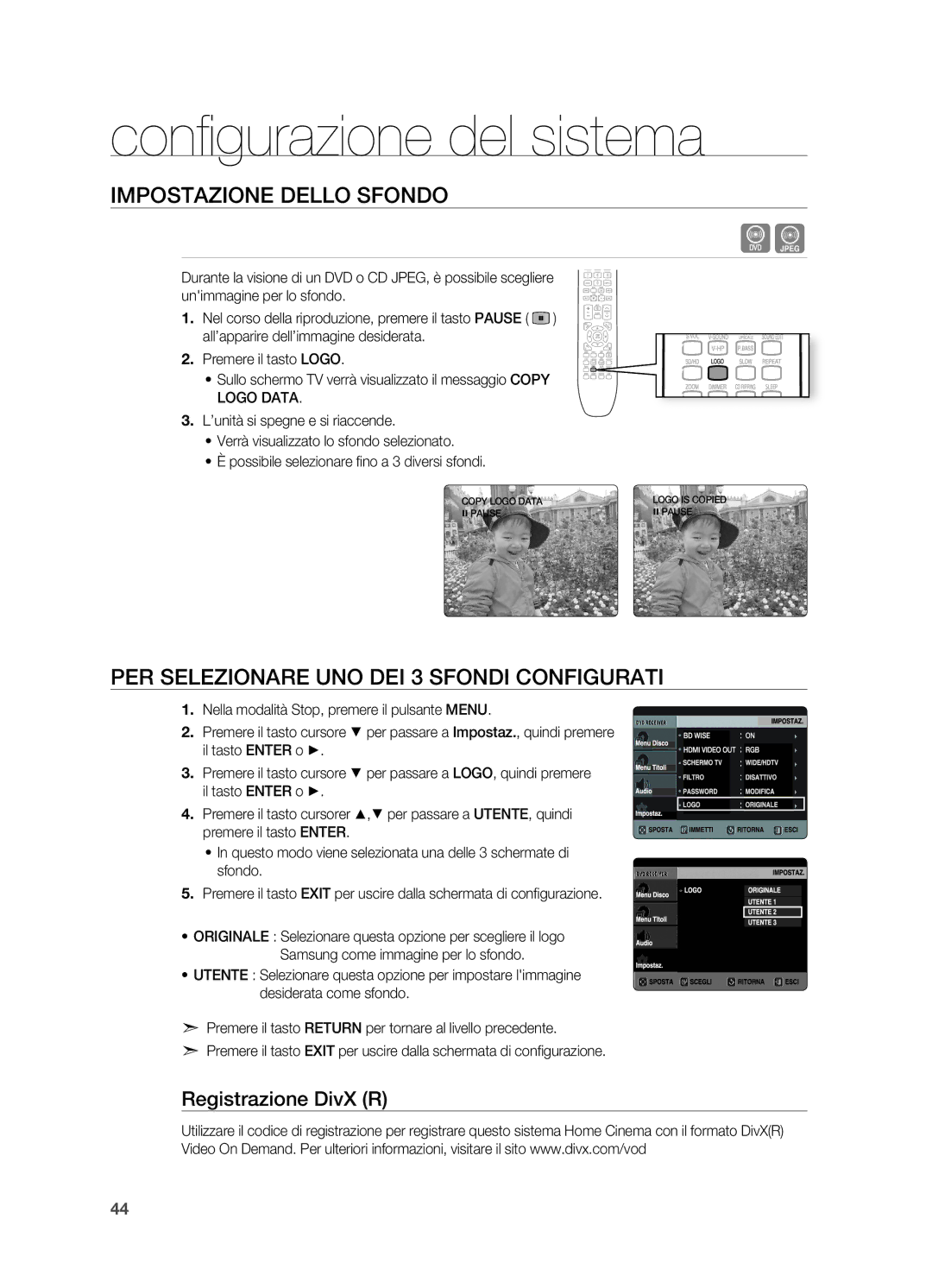 Samsung HT-X720T/XET Confi gurazione del sistema, Impostazione Dello Sfondo, PER Selezionare UNO DEI 3 Sfondi Configurati 