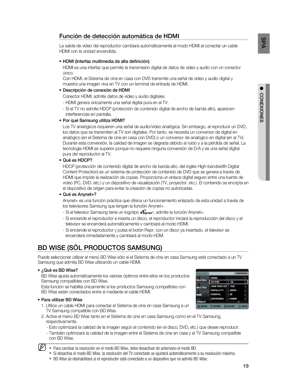 Samsung HT-X720T/XET BD Wise Sól productos Samsung, Función de detección automática de Hdmi, ~ Qué es HDCP?, Conexiones 