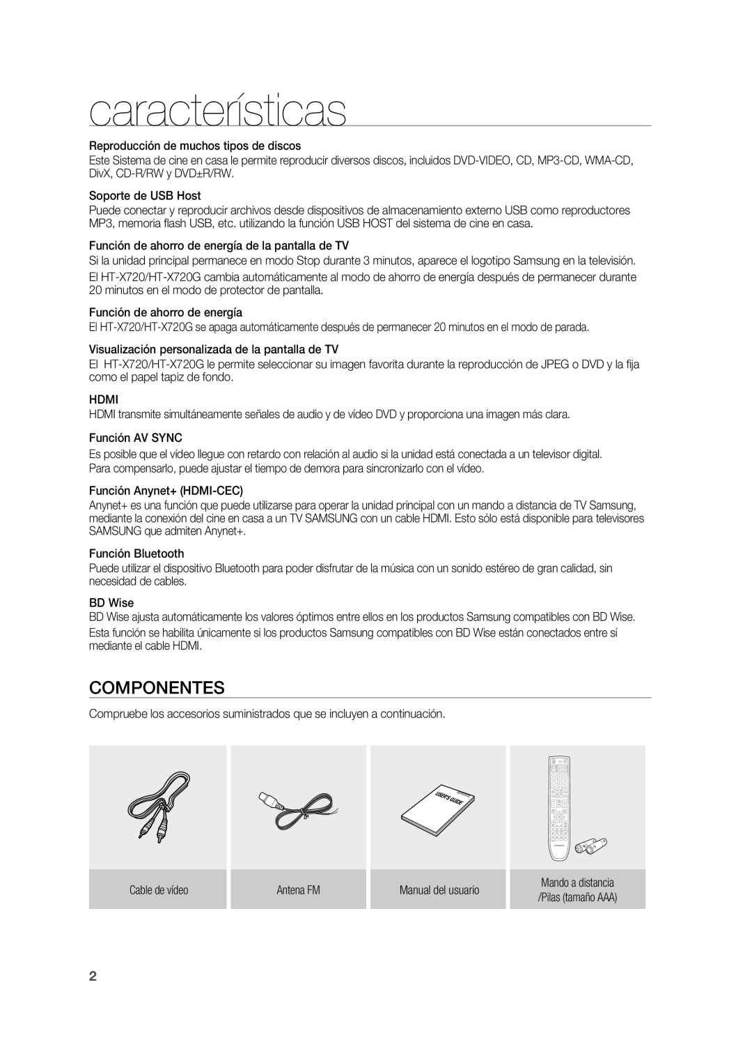 Samsung HT-X720T/XET manual Características, Componentes, Hdmi 