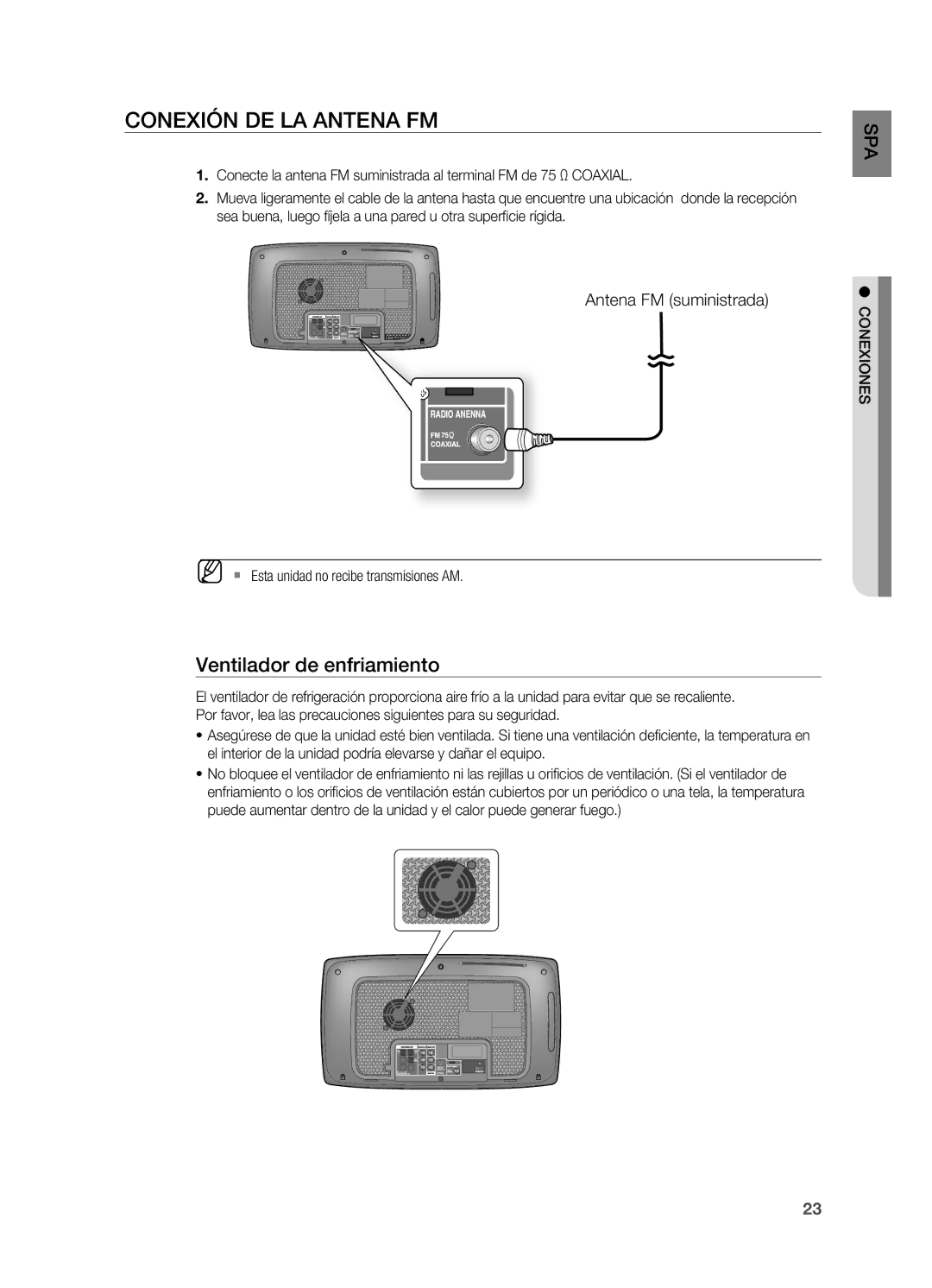 Samsung HT-X720T/XET manual Conexión DE LA Antena FM, Ventilador de enfriamiento, Antena FM suministrada 